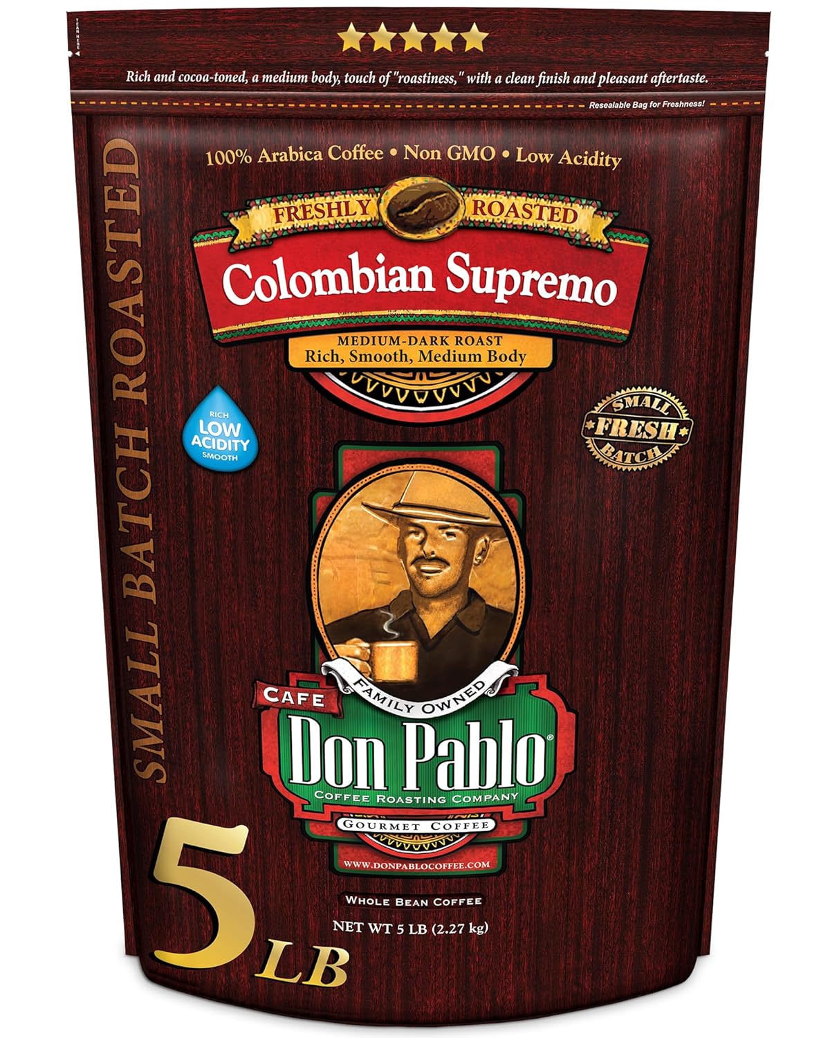 Don Pablo Colombian Supremo de 5 libras, café arábica en grano entero, tostado medio oscuro, baja acidez, bolsa de 5 libras (5 libras)