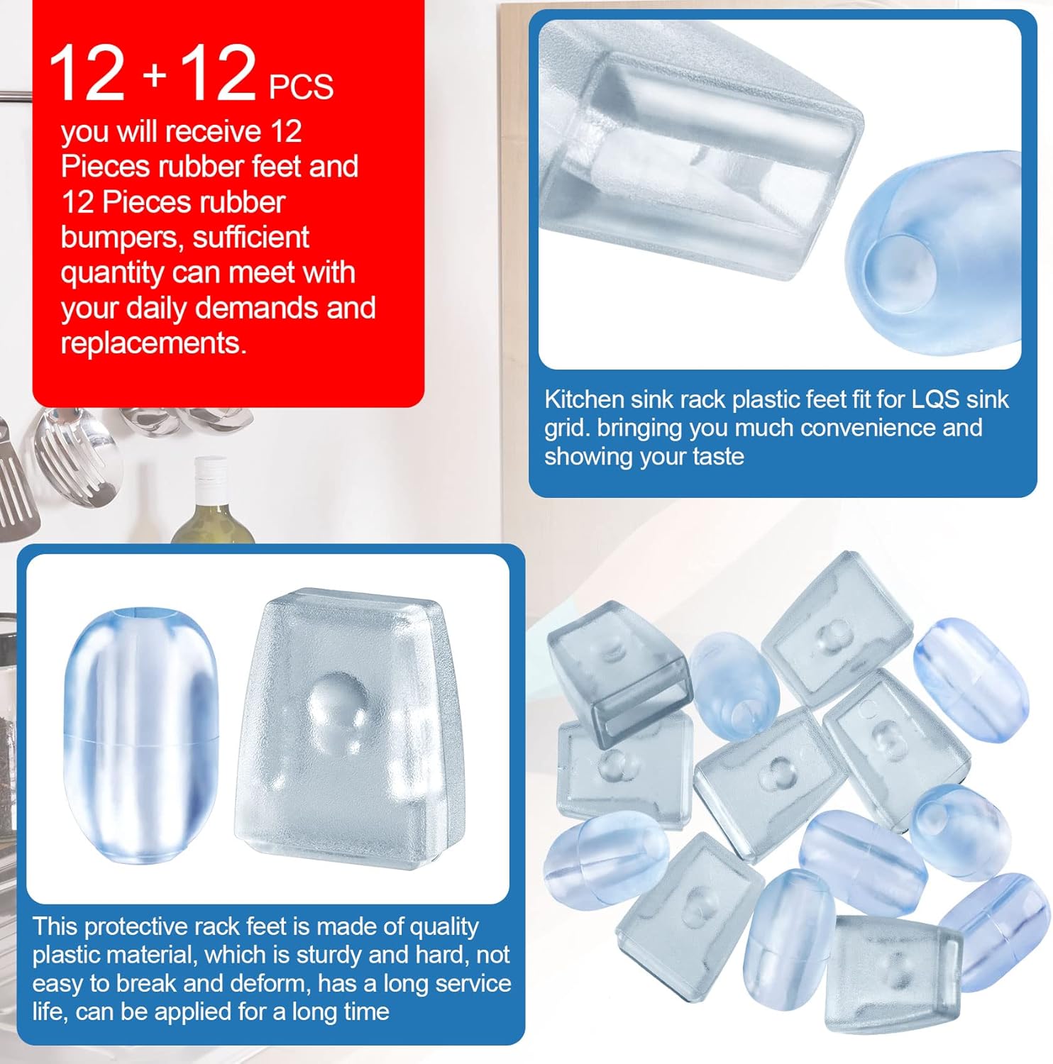 OIIKI 24 patas de goma para fregadero de cocina, incluyendo 12 pies protectores de plástico transparente para fregadero y 12 clips de abrazadera de
