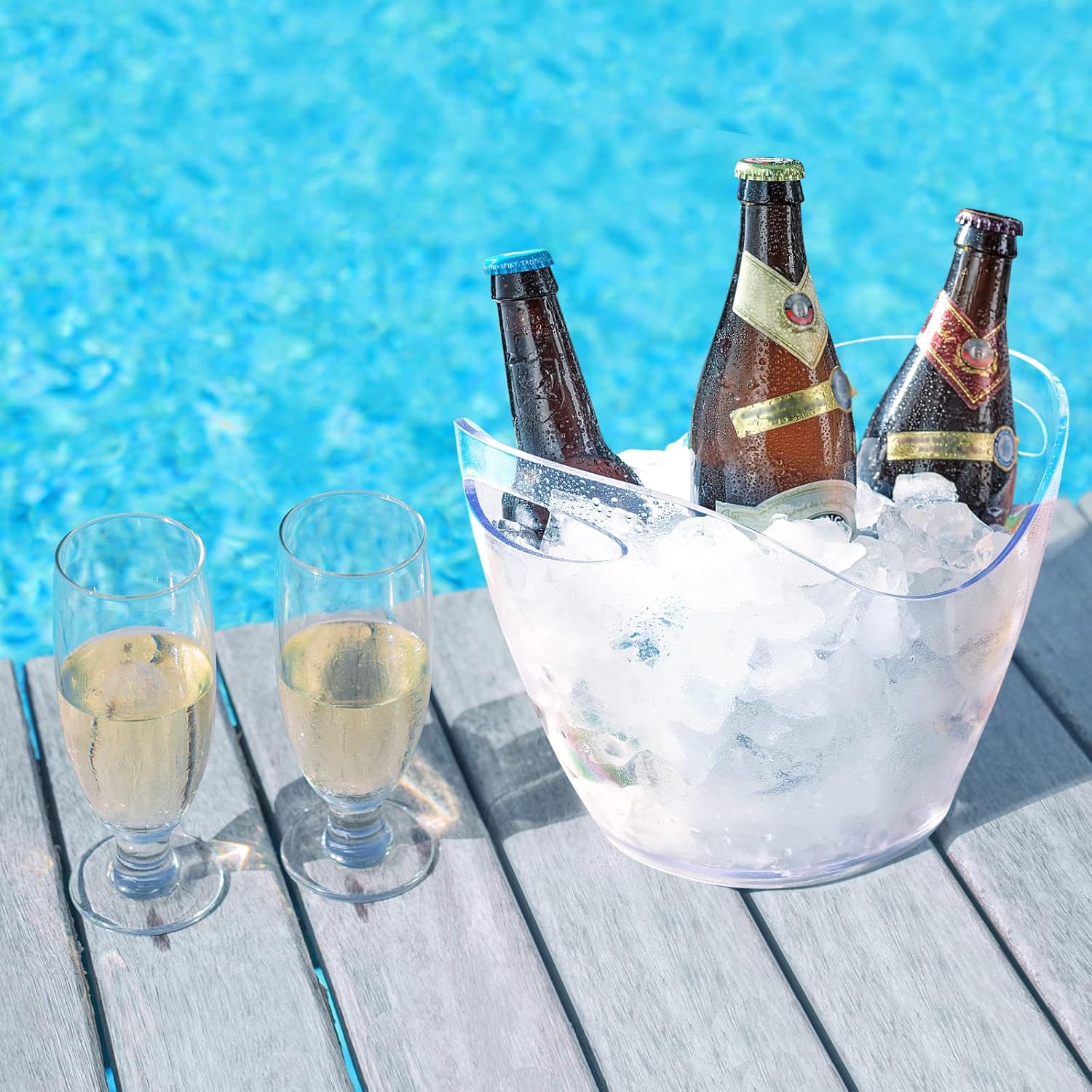 Cubeta de hielo de plástico transparente con cucharas de hielo, tina de hielo de acrílico transparente, cubo de plástico para vino, cubeta de vino
