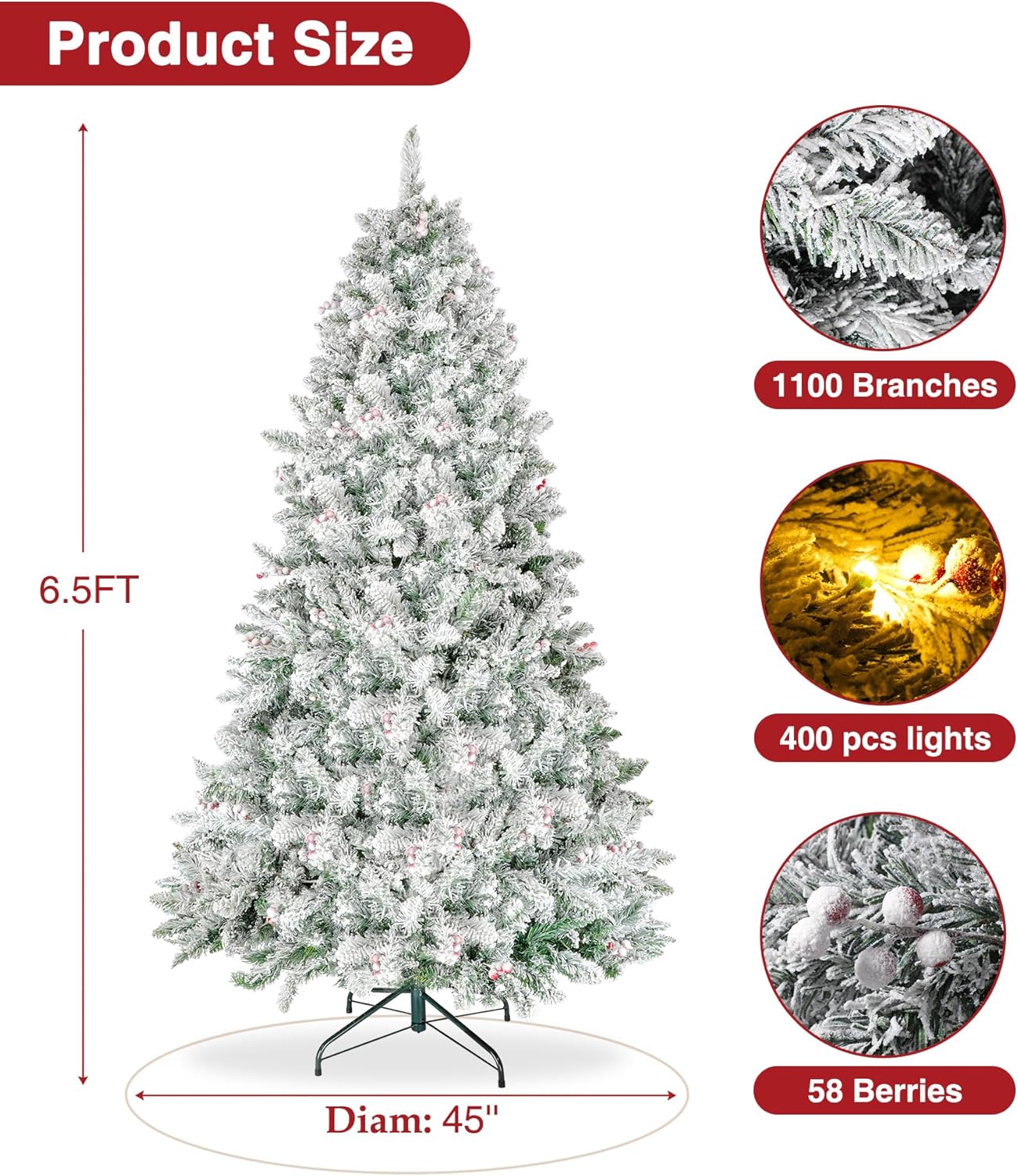 Árbol de Navidad preiluminado de 6.5 pies, árboles de Navidad artificiales con 400 luces blancas cálidas, 1100 puntas de rama, 58 bayas, decoración