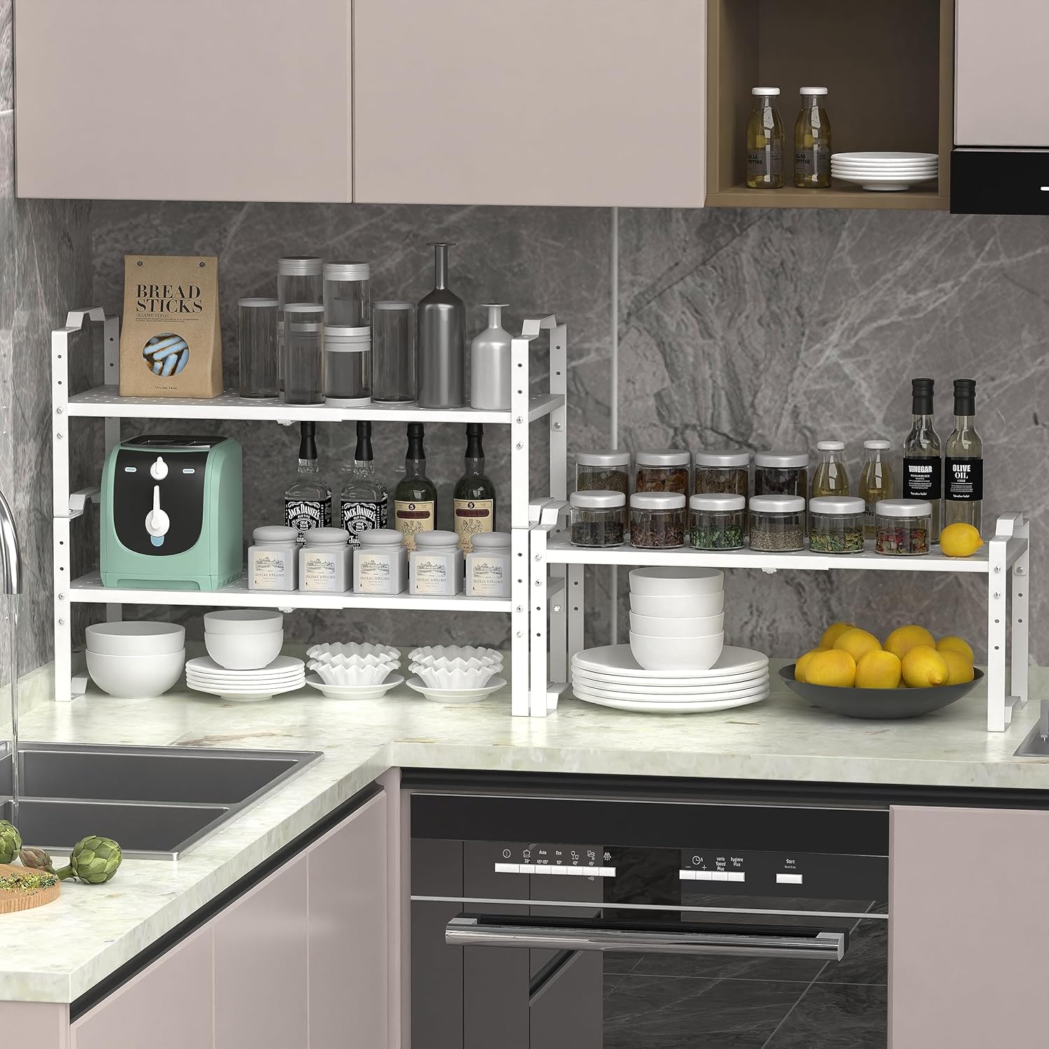 Estante expandible para organizador de gabinete, ajustable, apilable, estante de especias en la cocina y el baño, para encimera, armario,