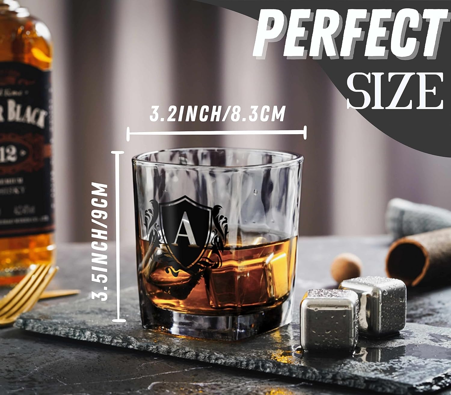 Regalos de whisky para hombres, vaso de whisky con inicial personalizada con piedras de whisky para papá, novio, mejores amigos, compañeros de
