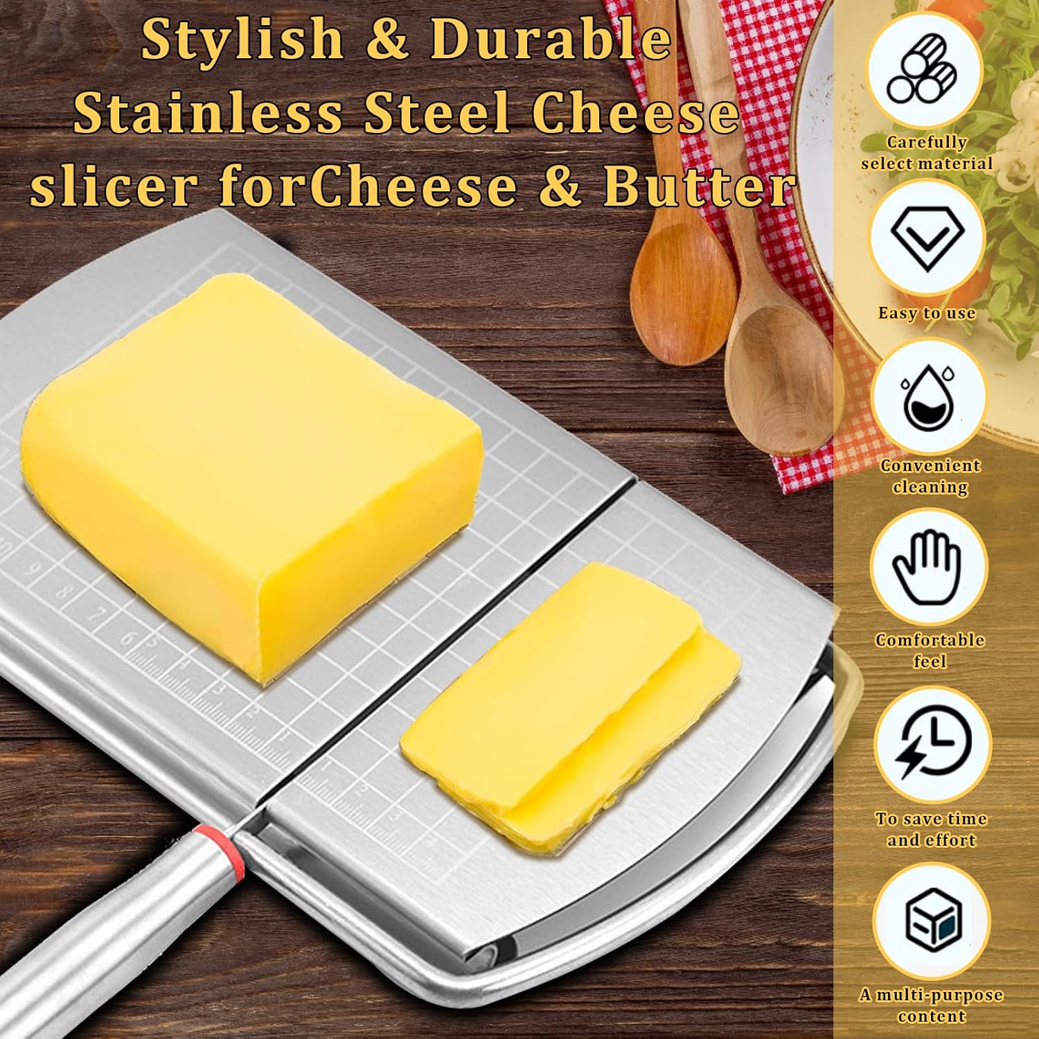Cortador de queso para bloque de queso, cortador multifuncional de acero inoxidable con cuchilla, tablero cortador de queso con escala de tamaño