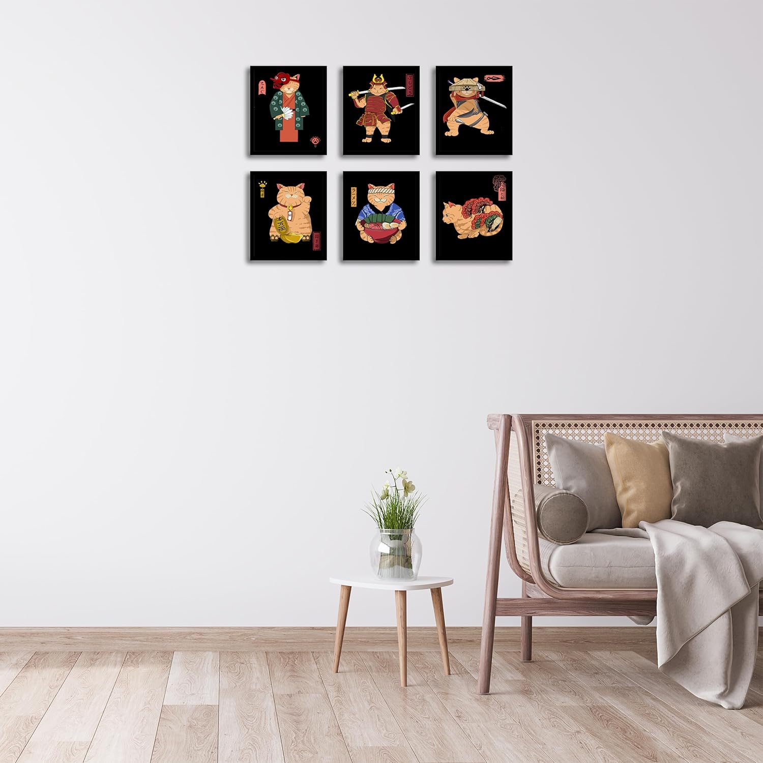Samurai – Juego de 6 pósteres de gato japonés, decoración de pared de bushido japonés, pinturas de gato de Kung Fu, fotos divertidas de gato de