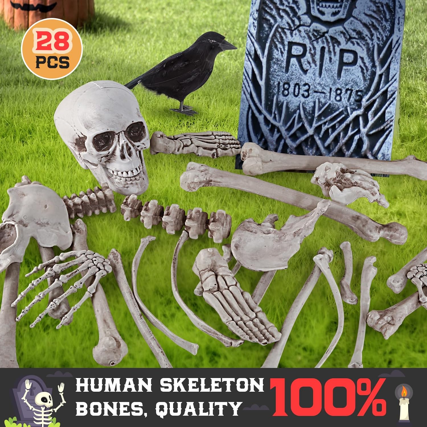 Decoraciones de Halloween 28 piezas de huesos de esqueleto y calavera con cuervo para decoración al aire libre, aterradores rompedores para