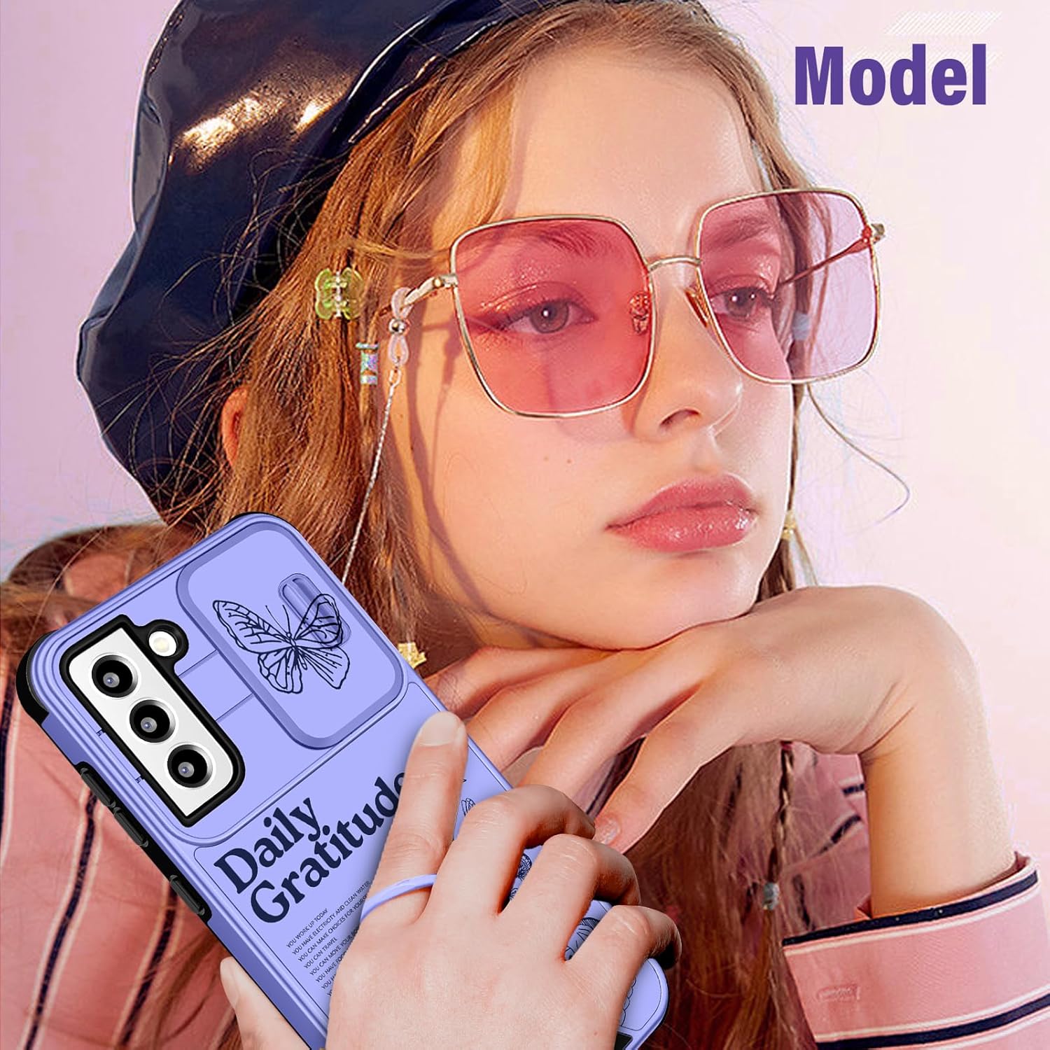 Funda 2 en 1 para Samsung Galaxy S22 Plus para mujeres, bonita funda de mariposa femenina con diseño único de mariposa morada con funda para cámara