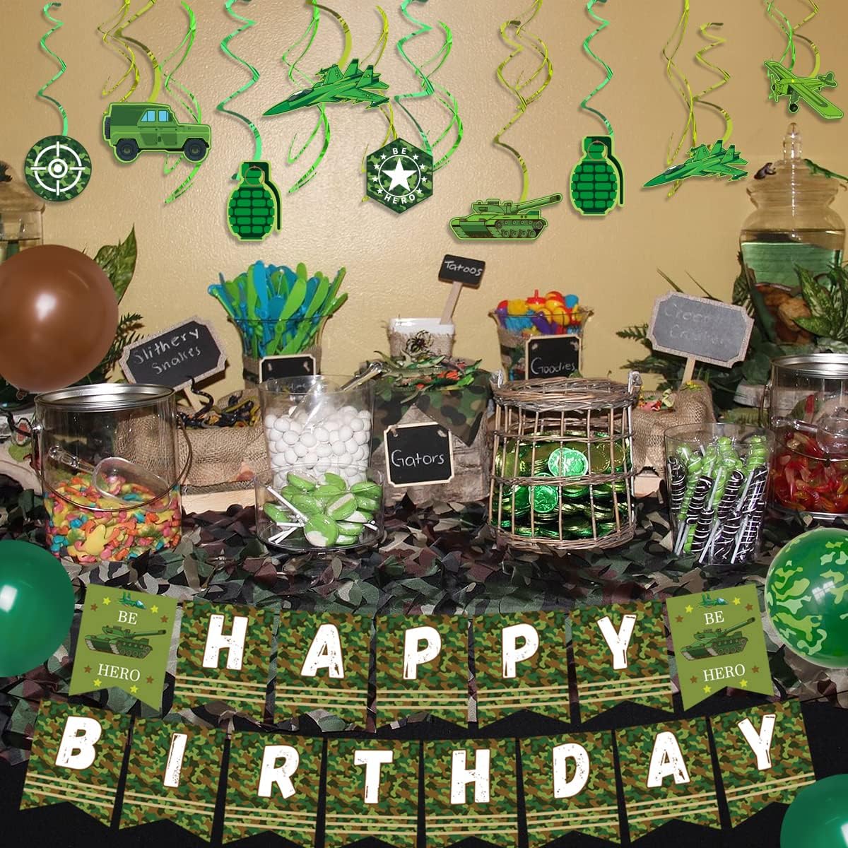 Decoraciones de camuflaje para fiesta de cumpleaños, soldado del ejército, suministros de fiesta militar, globos de camuflaje verde, pancarta de