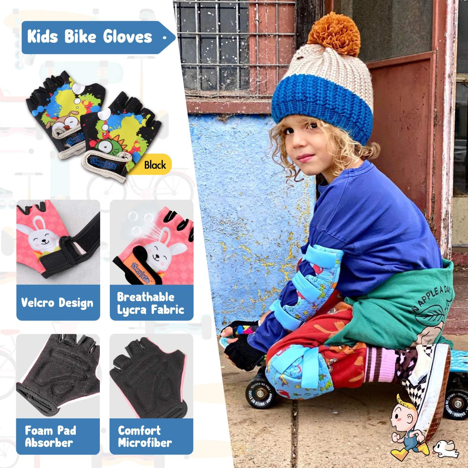 Simply Kids – Innovadoras rodilleras y coderas para niños con guantes de bicicleta, juego de equipamiento protector para niños con bolsa de malla I