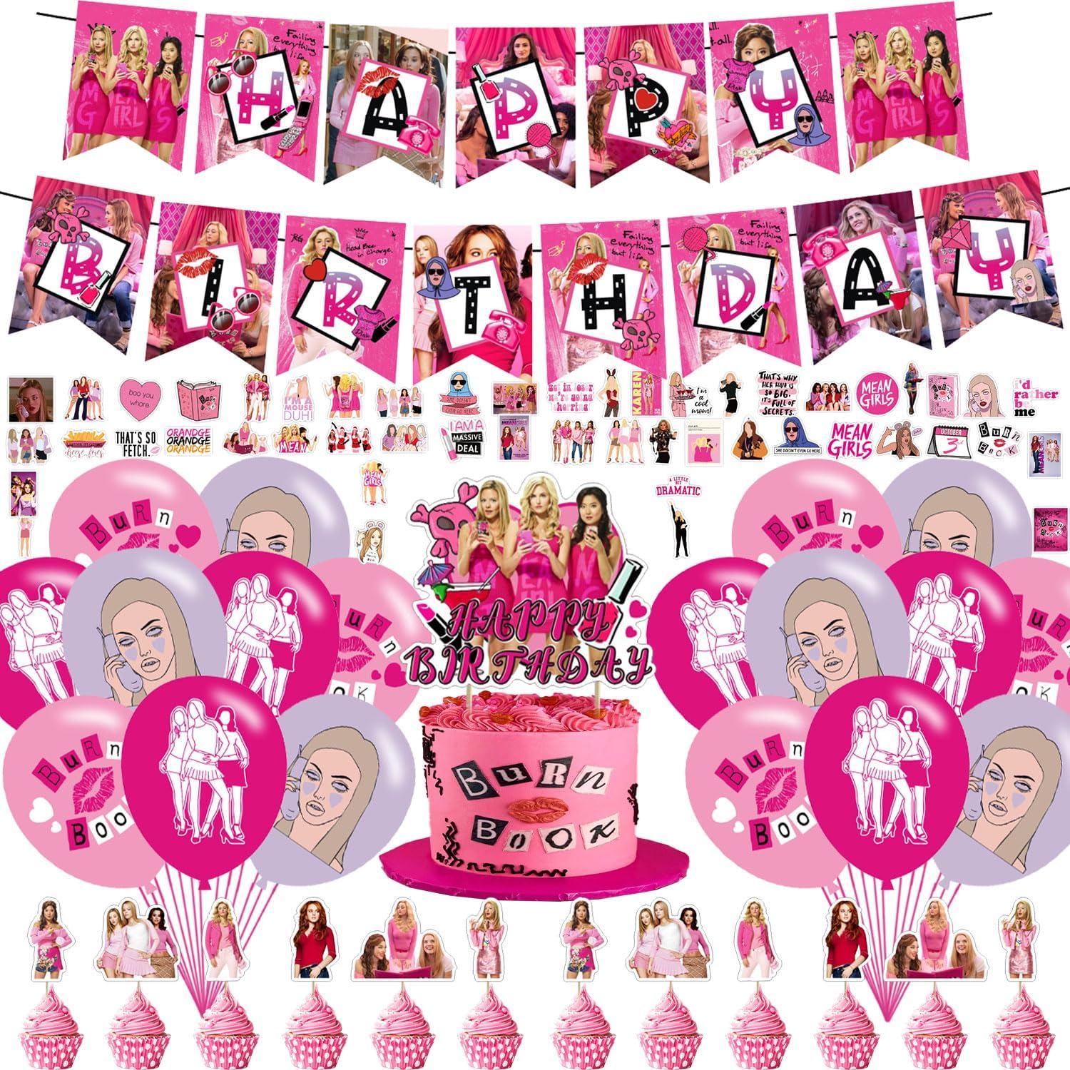 Mean Girls – Suministros para fiesta de cumpleaños, decoraciones de fiesta de cumpleaños de niñas con pancarta de feliz cumpleaños, decoración de