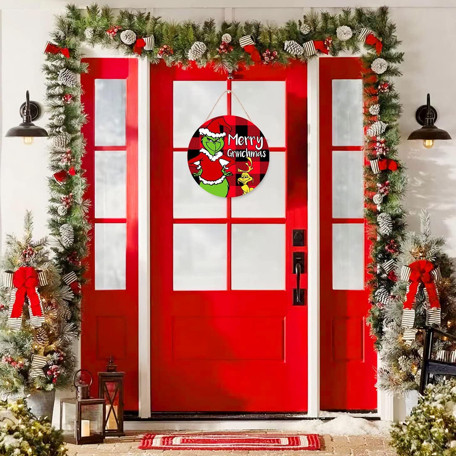 Corona de Navidad, corona de Feliz Grinchmas para puerta delantera, decoraciones de Navidad, letreros de puerta de madera, decoración del hogar para