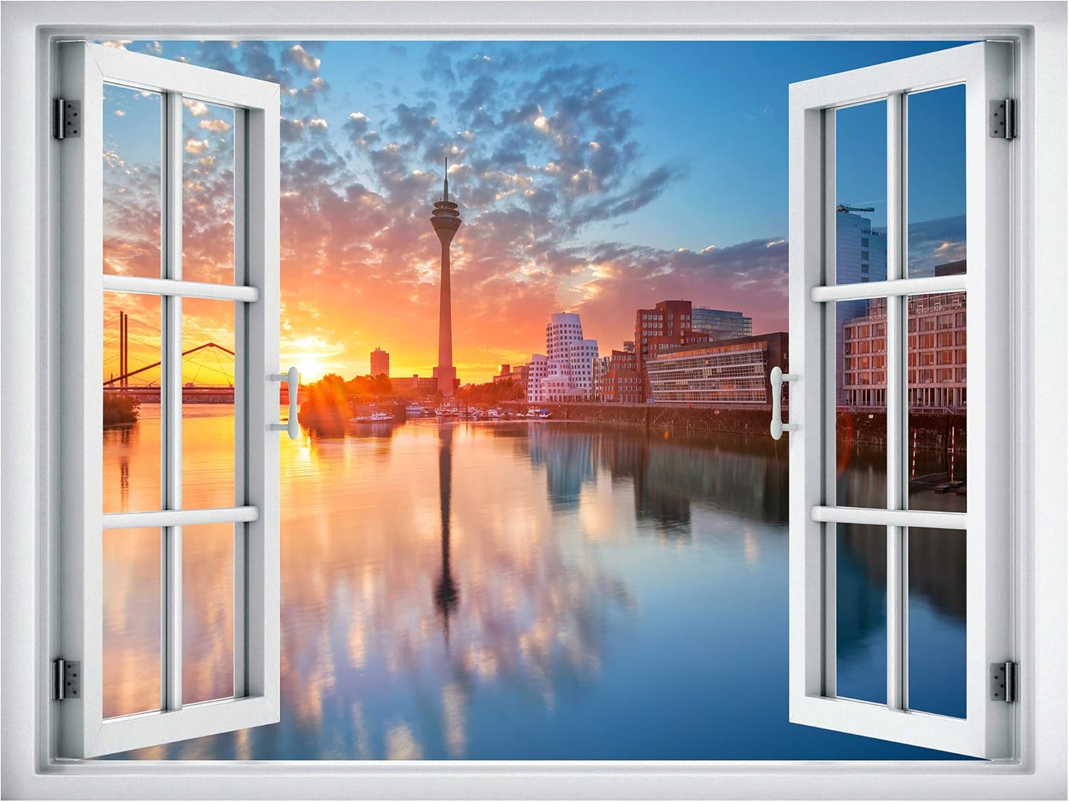 wall26 Adhesivo de pared extraíblemural de pared vista de ventana, torre del Rhine, Dusseldorf, Alemania, paisaje urbano, naturaleza, fotografía,