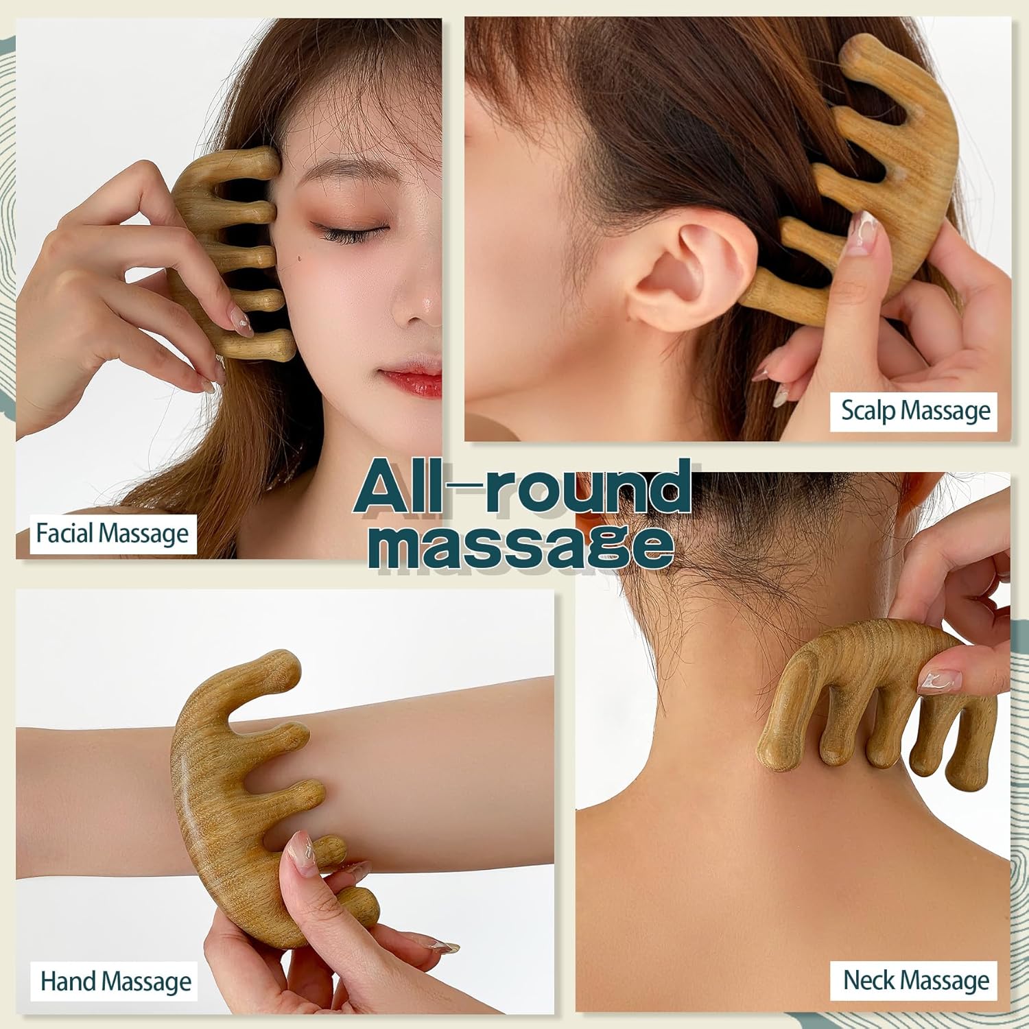 Metyond Peine de madera de sándalo verde Gua Sha, peine de madera ideal para raspar el cuero cabelludo masajeador peine y cuidado holístico cabeza