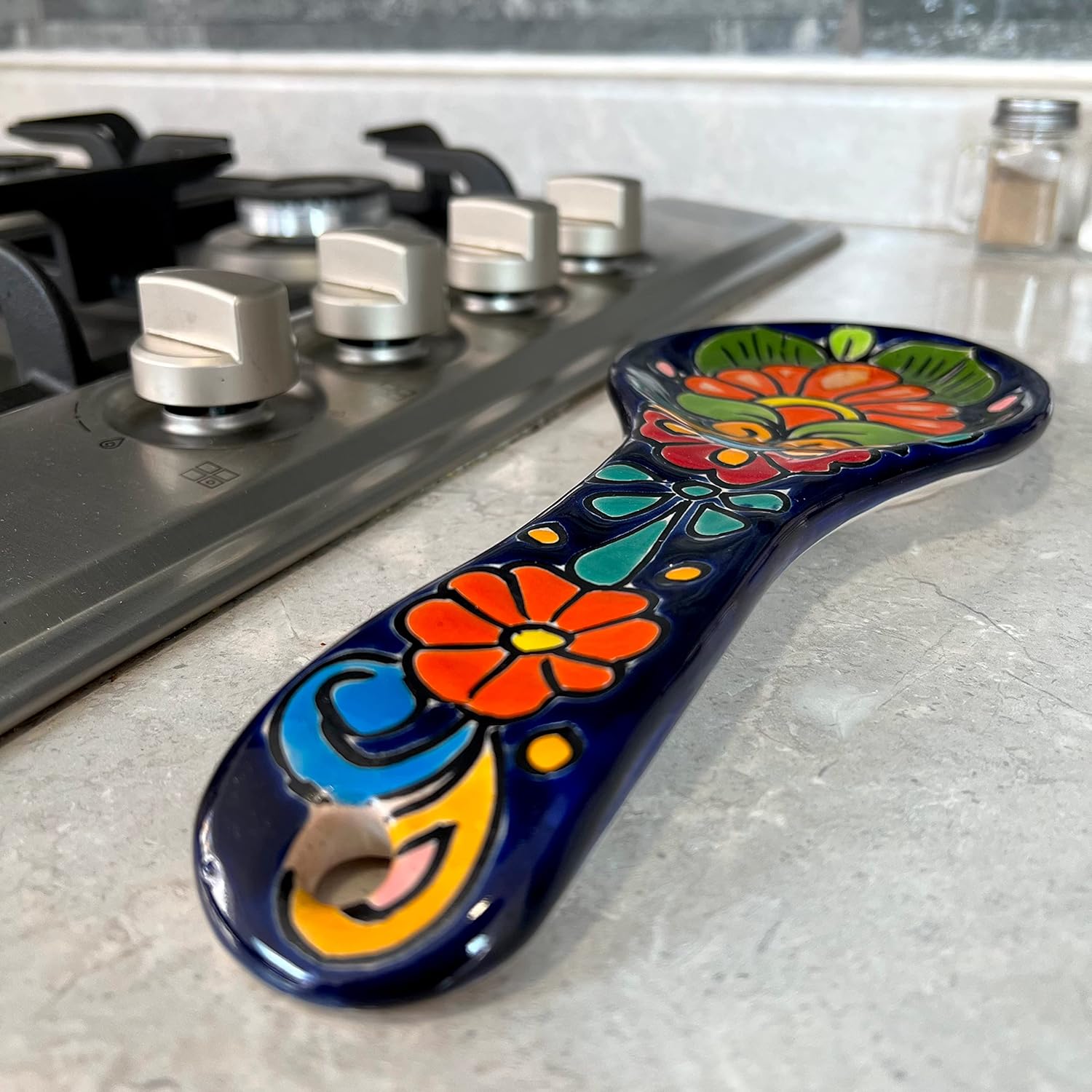 Talavera – Soporte para espátula de cerámica hecho a mano, colorida decoración mexicana de cocina (grande, azul cobalto)