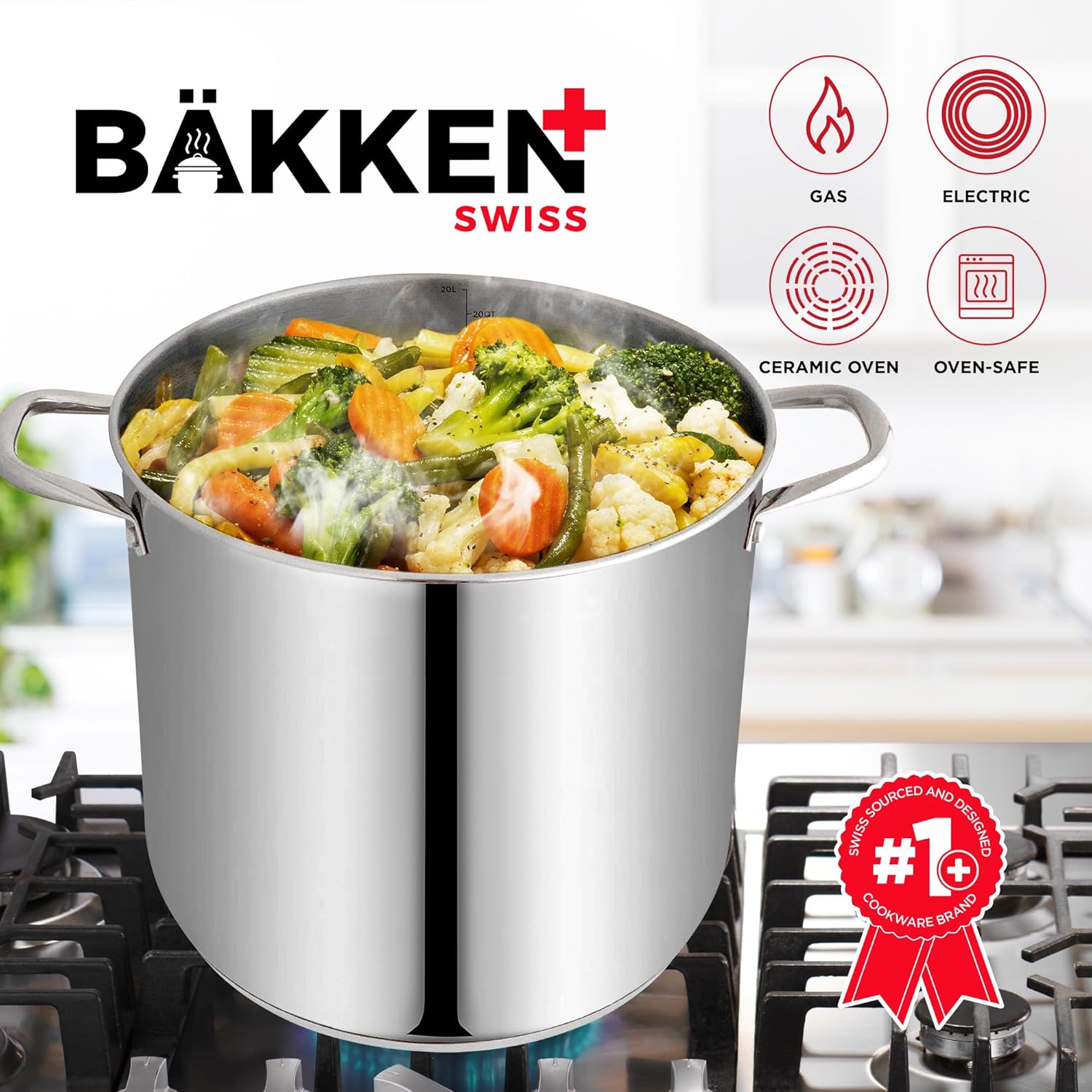 Bakken-Swiss Deluxe – Olla de acero inoxidable de 20 cuartos de galón con tapa transparente de vidrio templado, deliciosas sopas, guisos y cocción