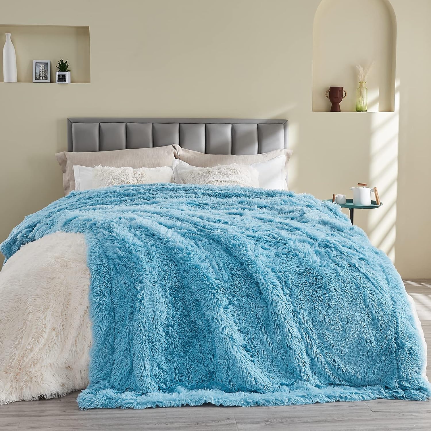 GONAAP Manta mullida de piel sintética, color azul cielo, súper suave y acogedora manta mullida de felpa lanuda para sofá o cama (azul cielo, manta