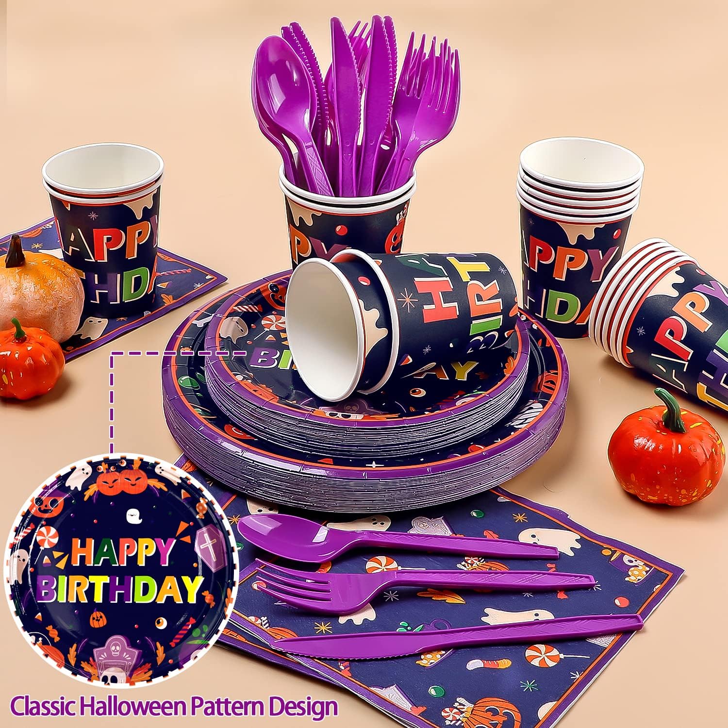 Juego de 202 piezas de vajilla desechable para fiesta de cumpleaños de Halloween, color morado, para 24 platos de calabaza, tazas, manteles de