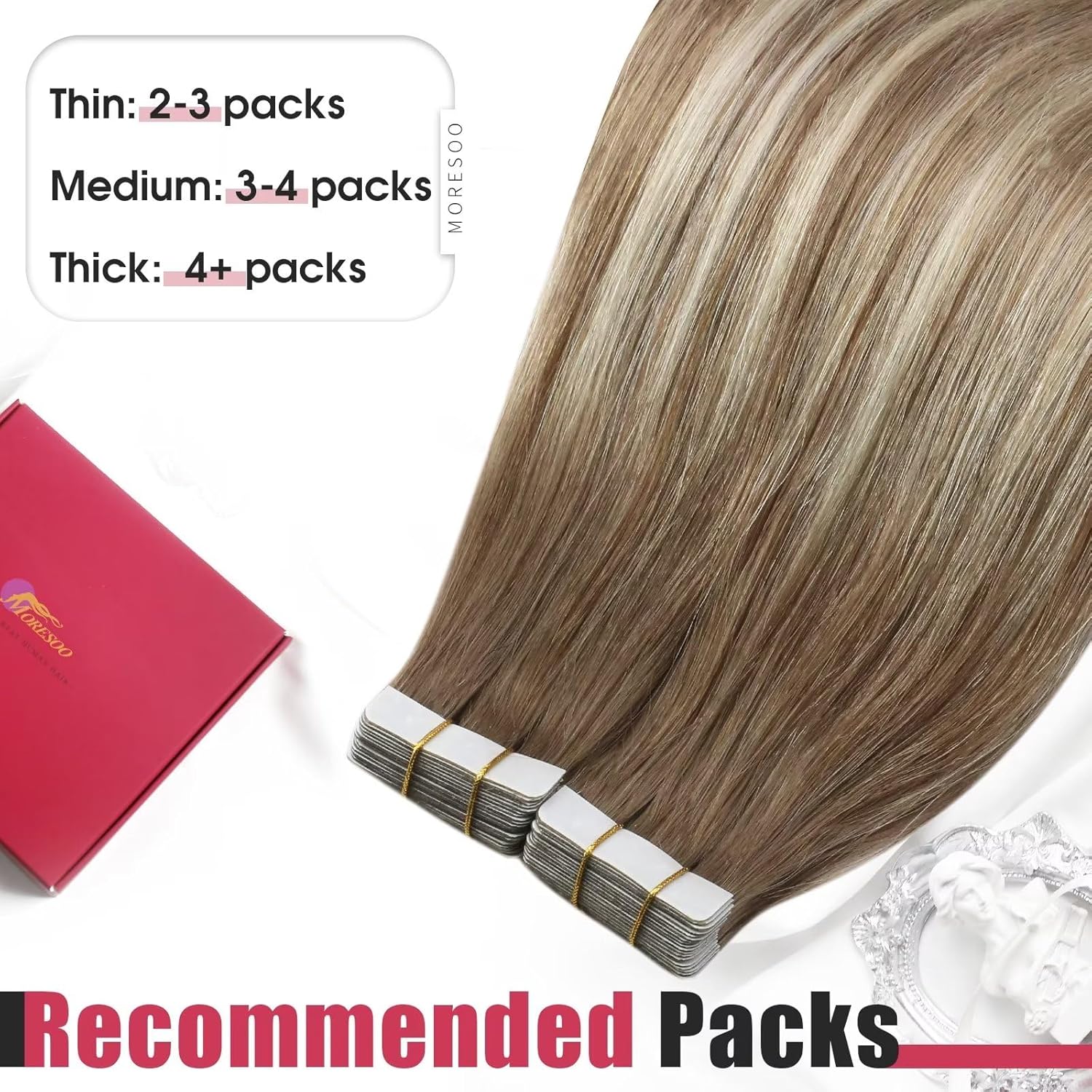 Moresoo Extensiones de cabello humano con cinta adhesiva, balayage, ombré, marrón ceniza a rubio, mezcla con extensiones de cabello rubio claro,