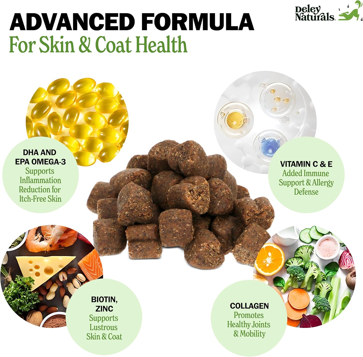Deley Naturals Masticables Omega para la piel y el pelaje, aceite de pescado Omega 3 con DHA y EPA, biotina, colágeno, vitaminas C, E y zinc,
