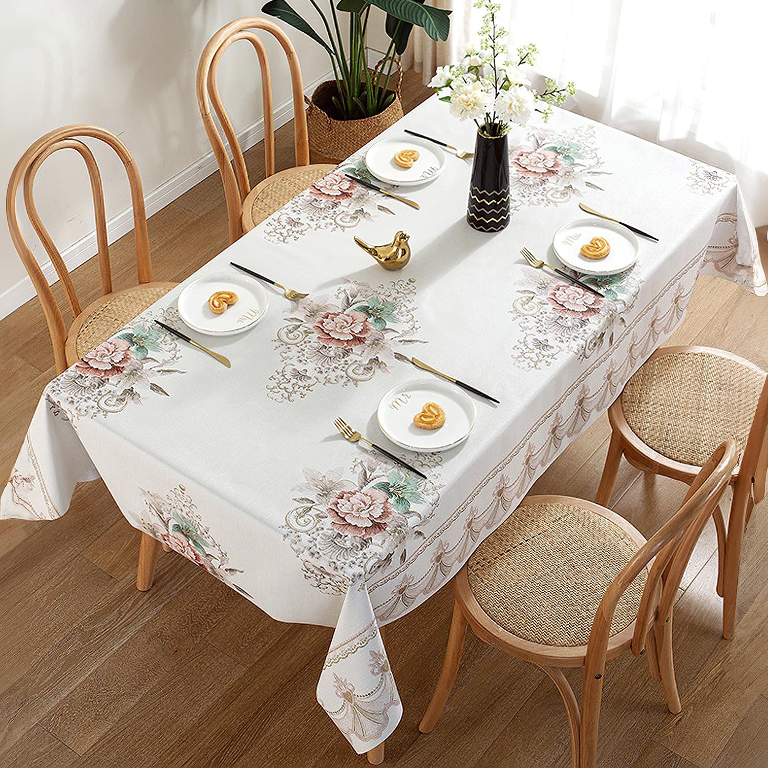 JADD Mantel rectangular de vinilo impermeable, resistente al aceite, a prueba de derrames, mantel de PVC con flores beige, mantel de plástico