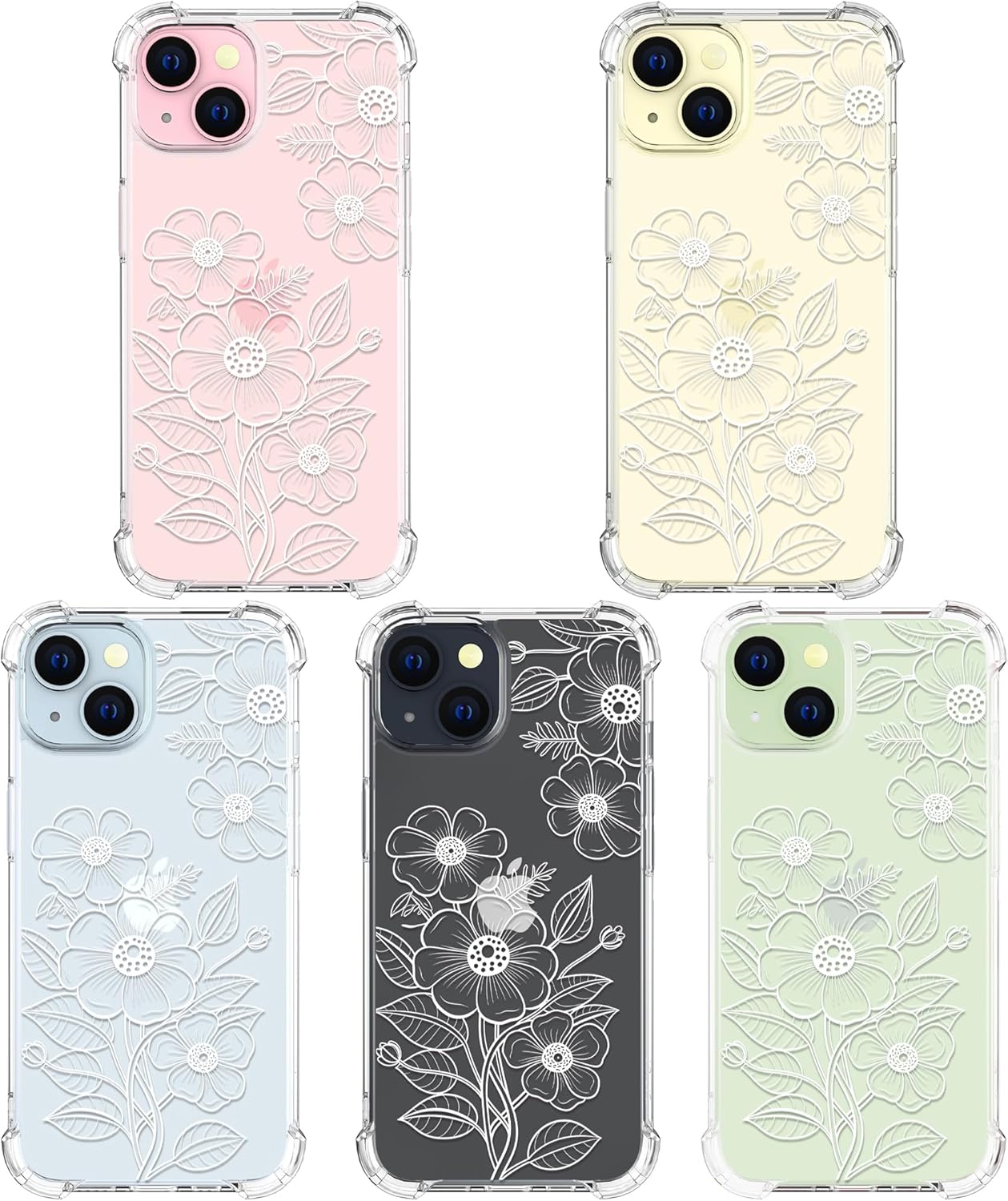 Funda compatible con iPhone 15 Plus, linda flor floral transparente para mujeres, diseño femenino, funda transparente de diseño floral, compatible