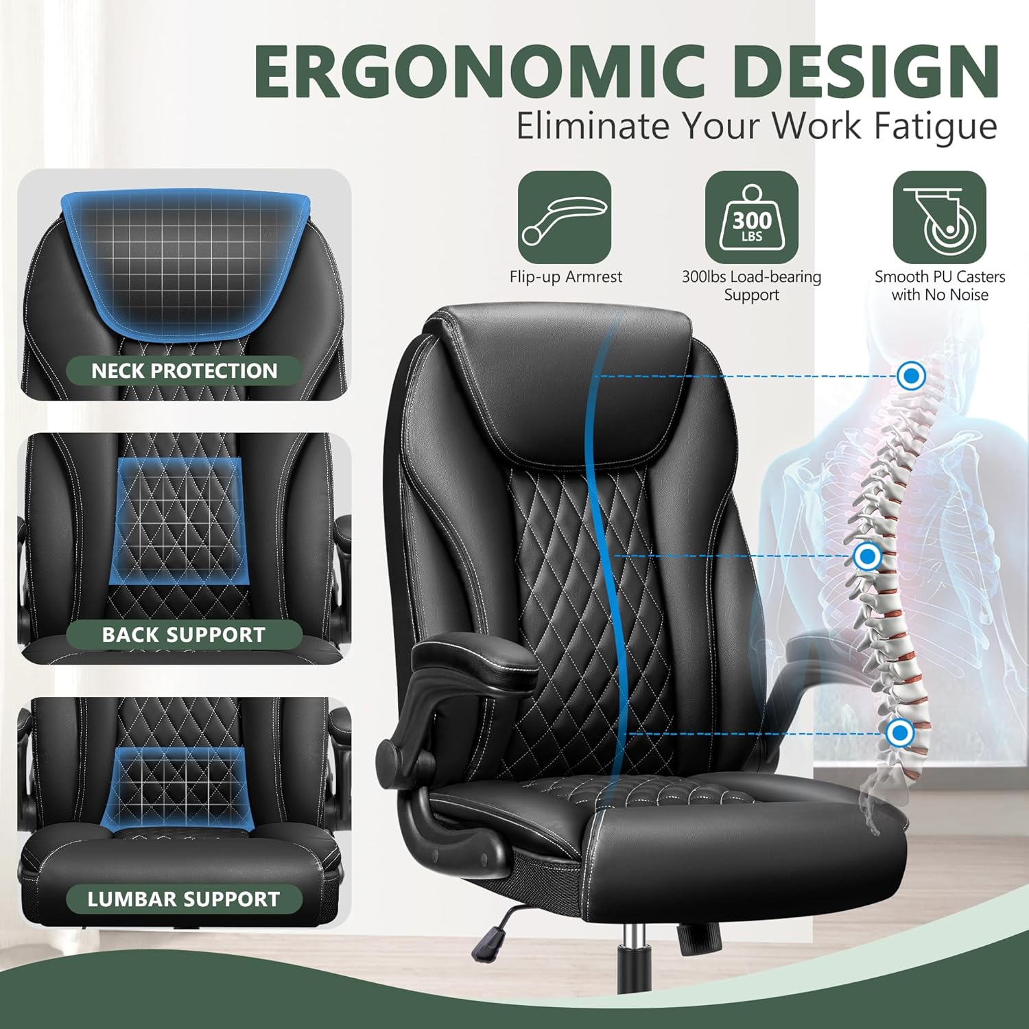 BestEra Silla de oficina ejecutiva ergonómica de cuero, silla ancha de oficina en casa con brazo abatible ajustable, silla de escritorio para