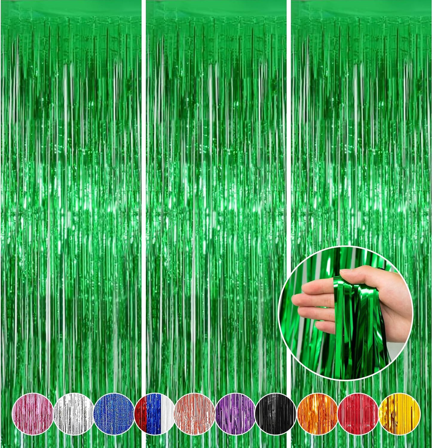 Decoración de fondo verde para fiestas, paquete de 3, 8 x 3.2 pies, decoración de cortina de flecos de papel de aluminio verde, perfecta para