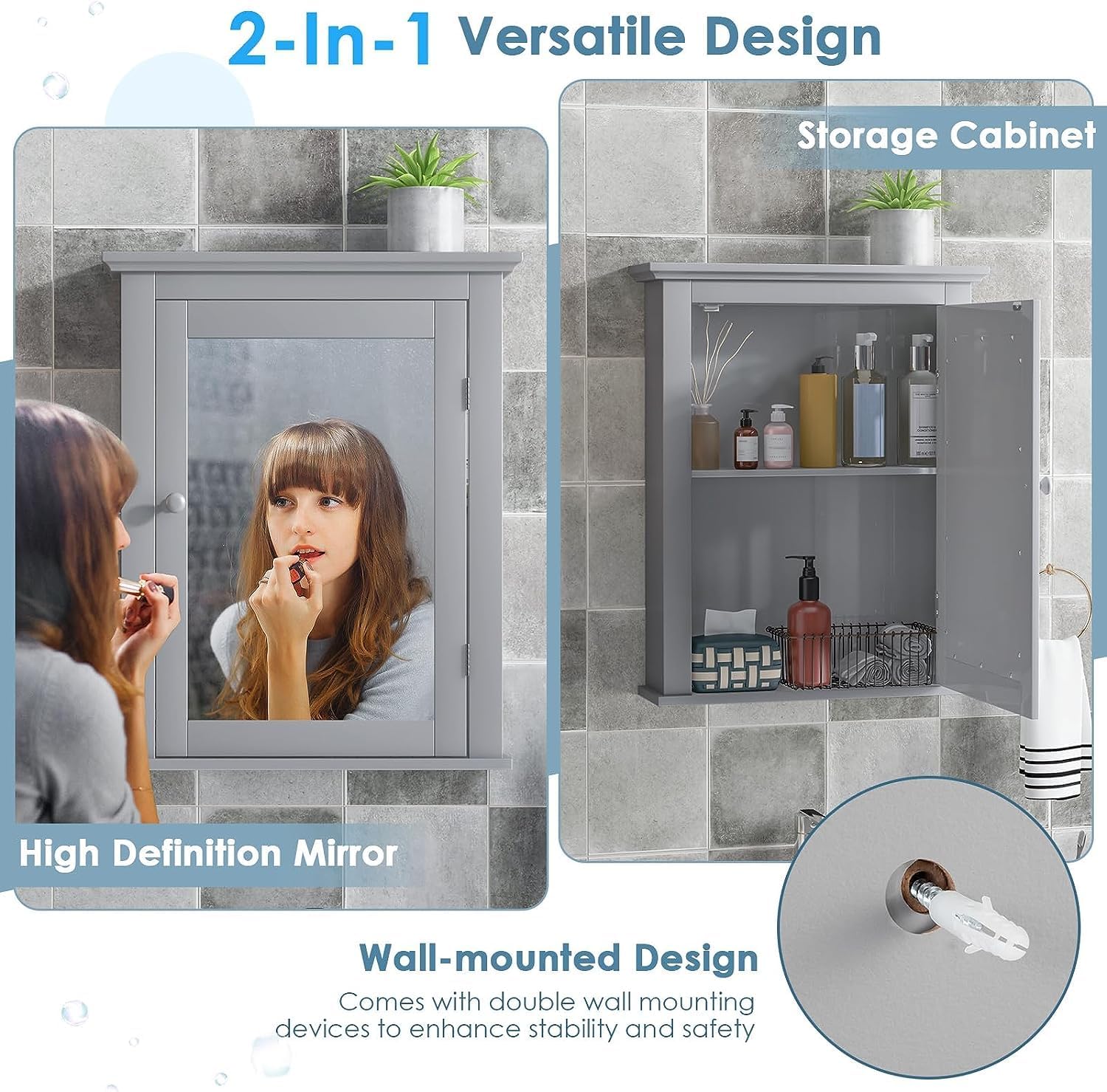 Safeplus Botiquín gris con espejo, almacenamiento ajustable montado en la pared para baño, sala de estar, dormitorio, entrada y cocina