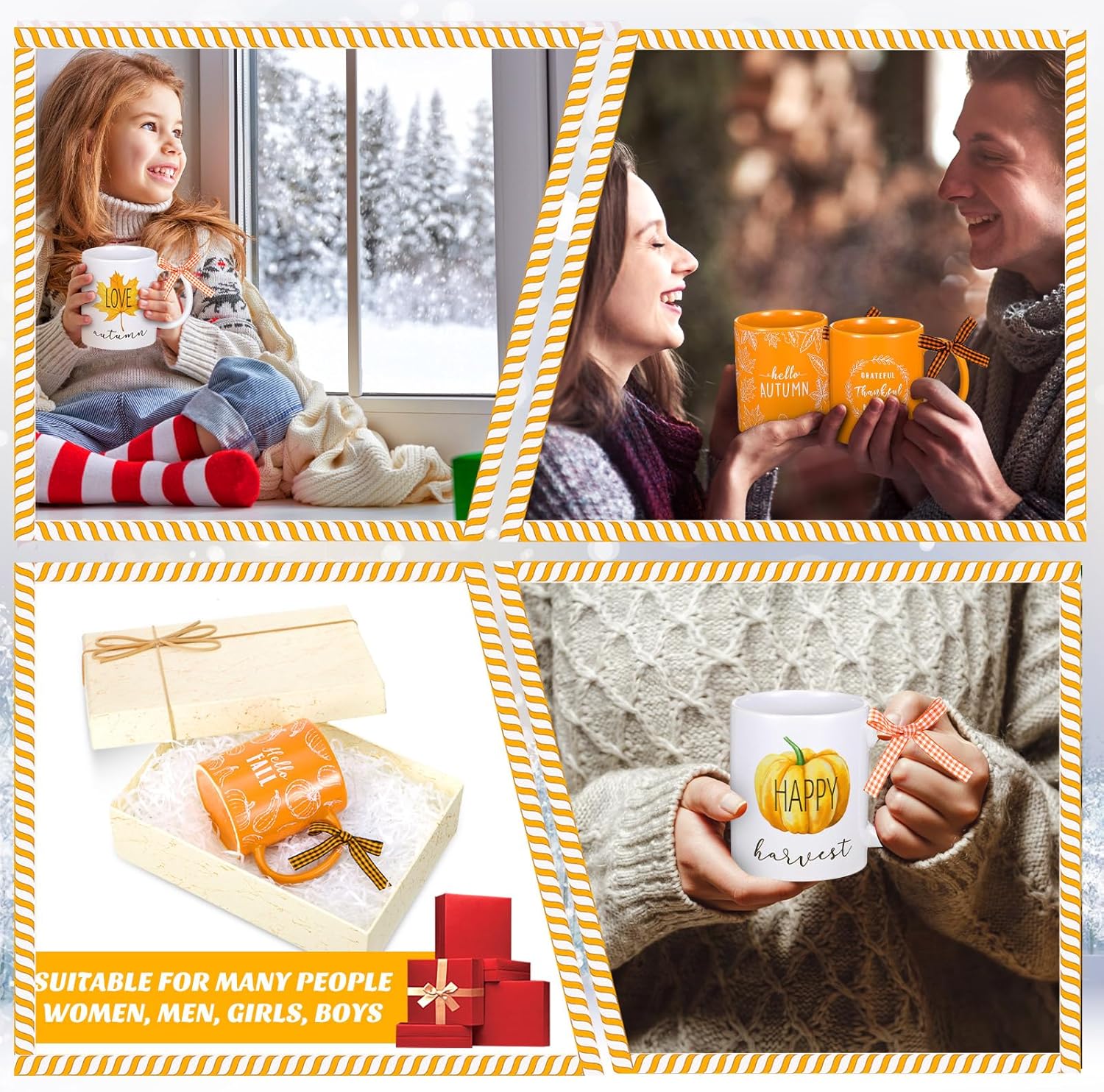Juego de 6 tazas de café de 11 onzas para Acción de Gracias, regalos de otoño, tazas de café de cerámica, diseño de hojas de arce, decoración de