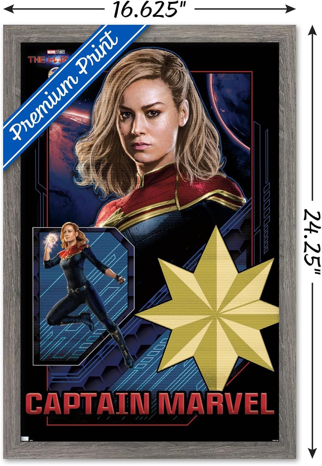 Trends International Marvel The Marvels – Póster de pared de Capitán Marvel, 14.72 x 22.37 pulgadas, versión enmarcada de madera de granero
