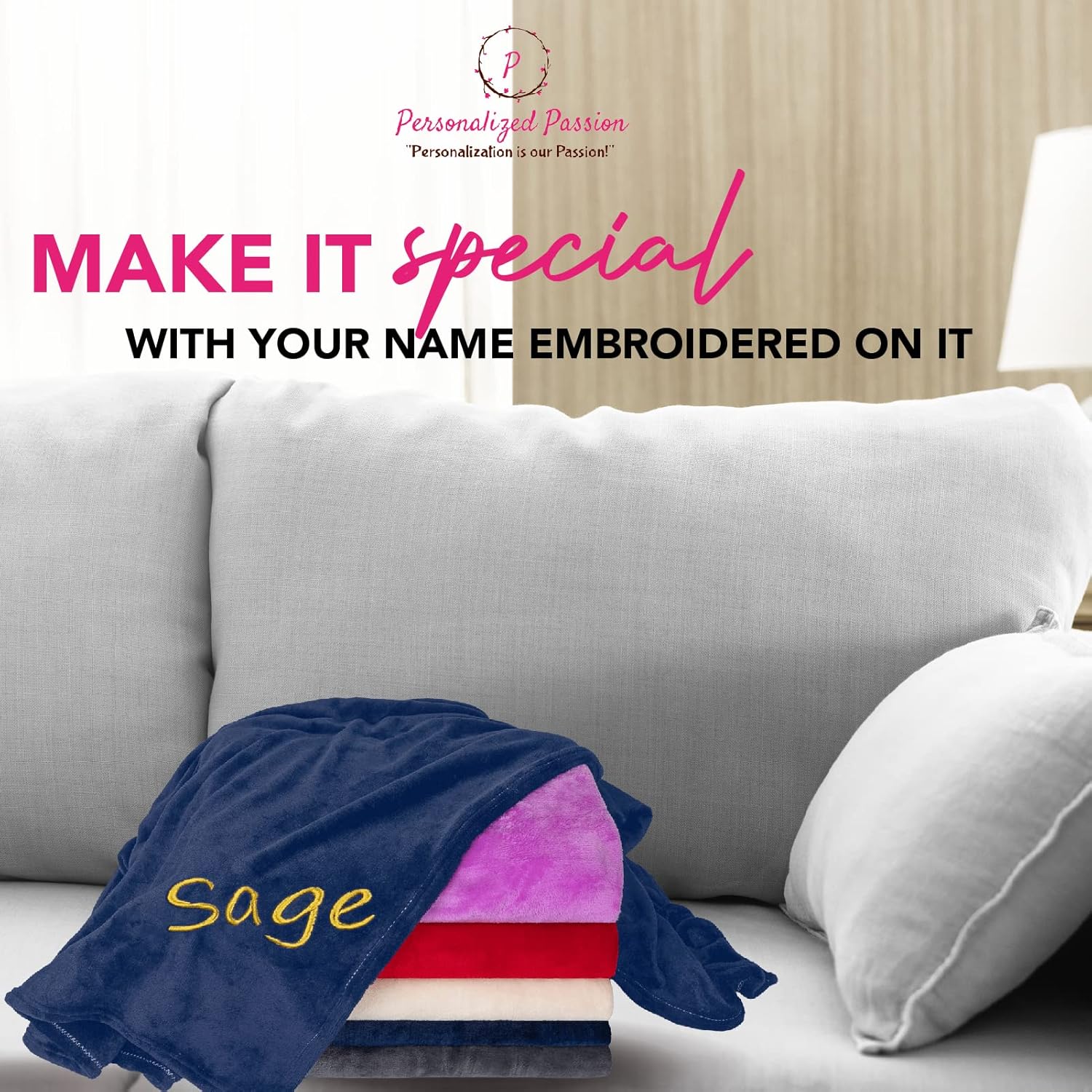 Mantas personalizadas para adultos con nombre bordado, manta personalizada con monograma para él y ella, manta de vellón súper suave y acogedora,
