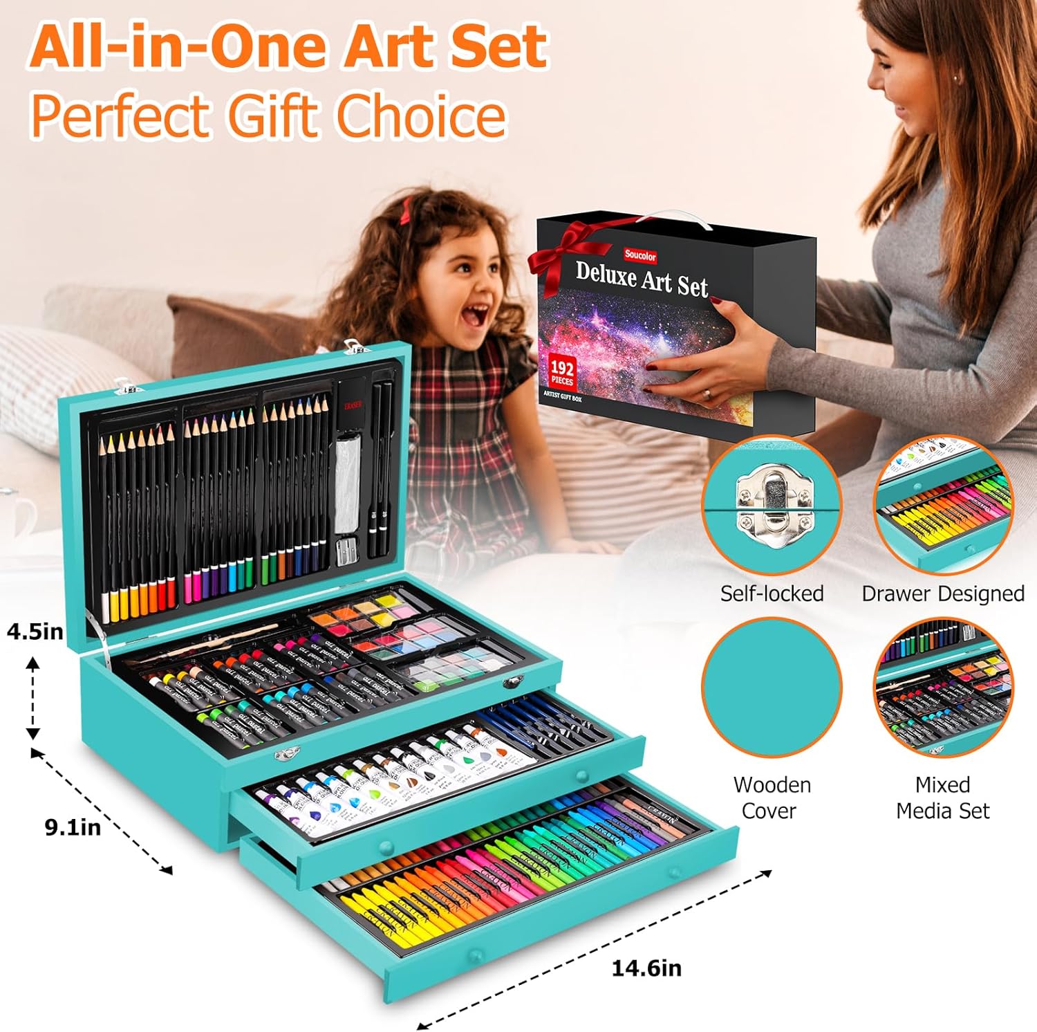 Soucolor Suministros de arte, paquete de 192 piezas de arte de lujo, suministros de pintura de dibujo, kit de arte con almohadilla acrílica,