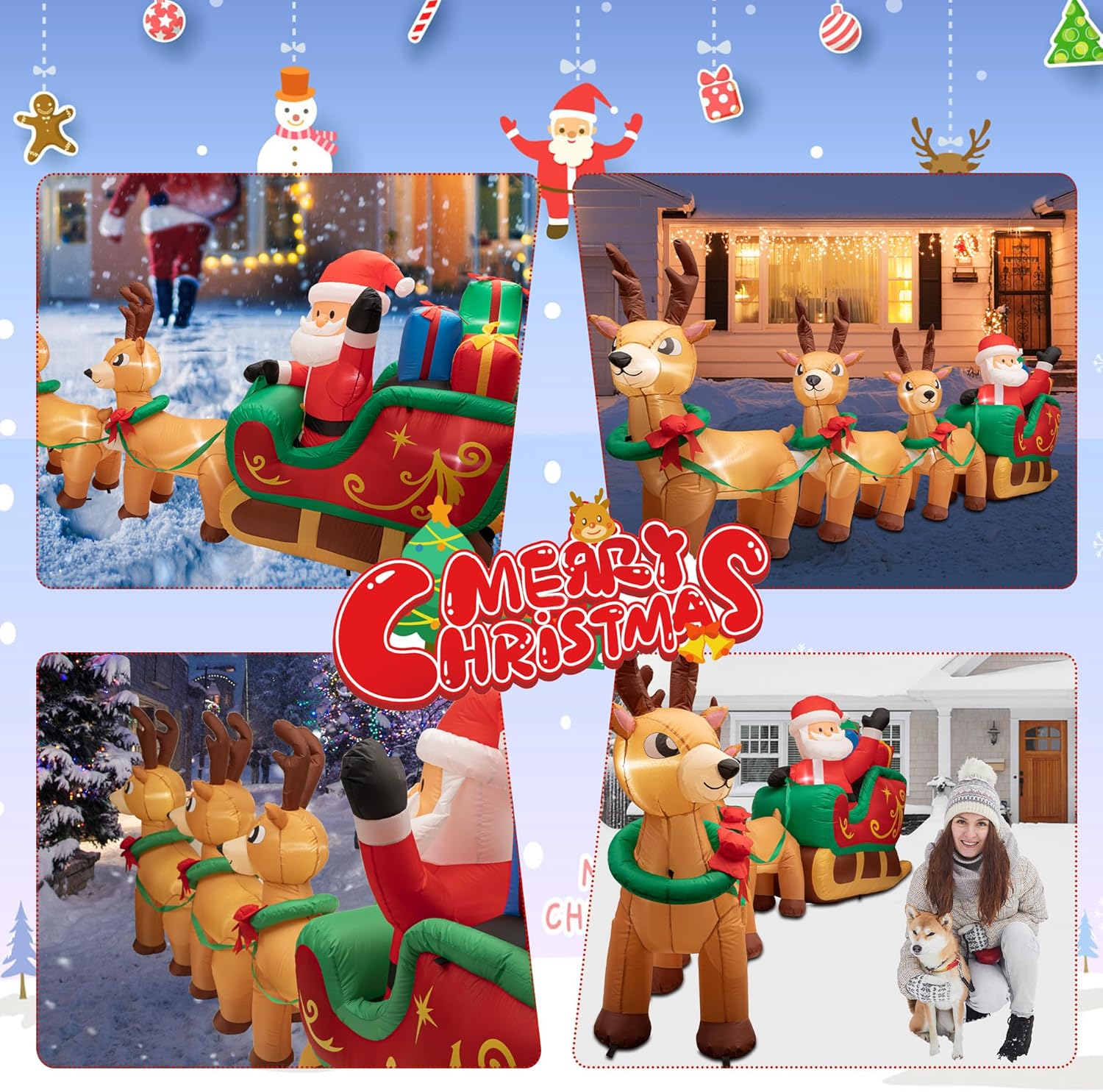 Inflables de Navidad iluminados de 12 pies, Papá Noel en trineo con 3 renos y cajas de regalo, decoraciones inflables gigantes de Navidad, luces LED