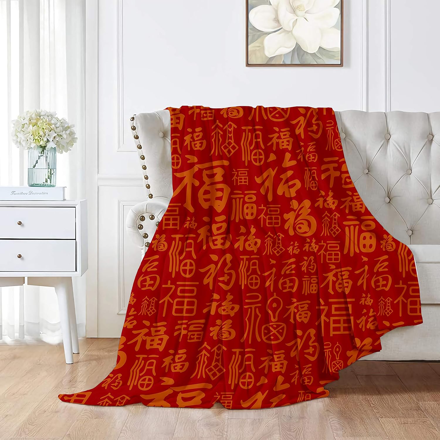 Manta china Fu Good Luck Happiness para sofá, franela suave, decorativa, cálida, acogedora, ligera, de microfibra, adecuada para todas las