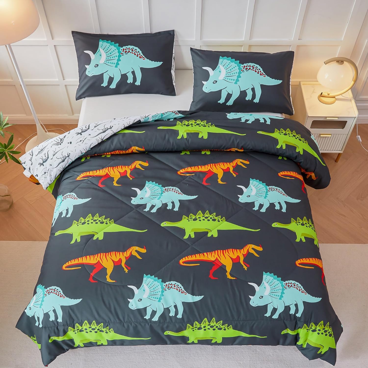 RYNGHIPY Juego de ropa de cama de dinosaurio, tamaño individual, juego de edredón para niños y niñas, suave, transpirable, lindo juego de cama de