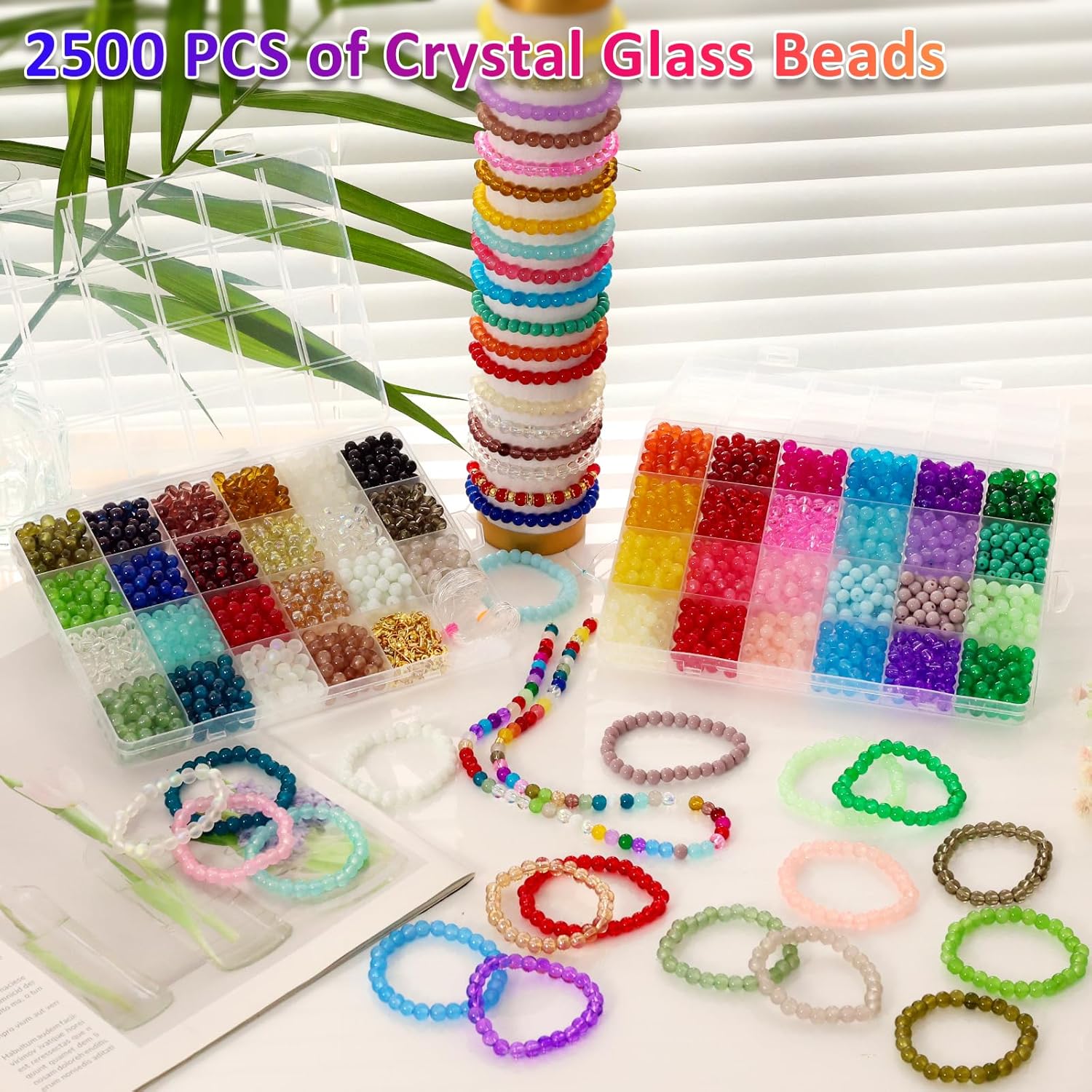 XSEINO 2500 cuentas redondas de vidrio de 0.236 pulgadas para la fabricación de joyas, cuentas de cristal de 46 colores para pulseras, fabricación