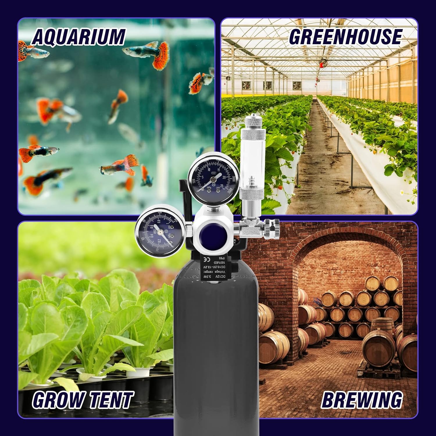 ZUYIYI Regulador de CO2 para acuario, pantalla grande de medidores duales, solenoide de 12 V CC con contador de burbujas y válvula de retención,