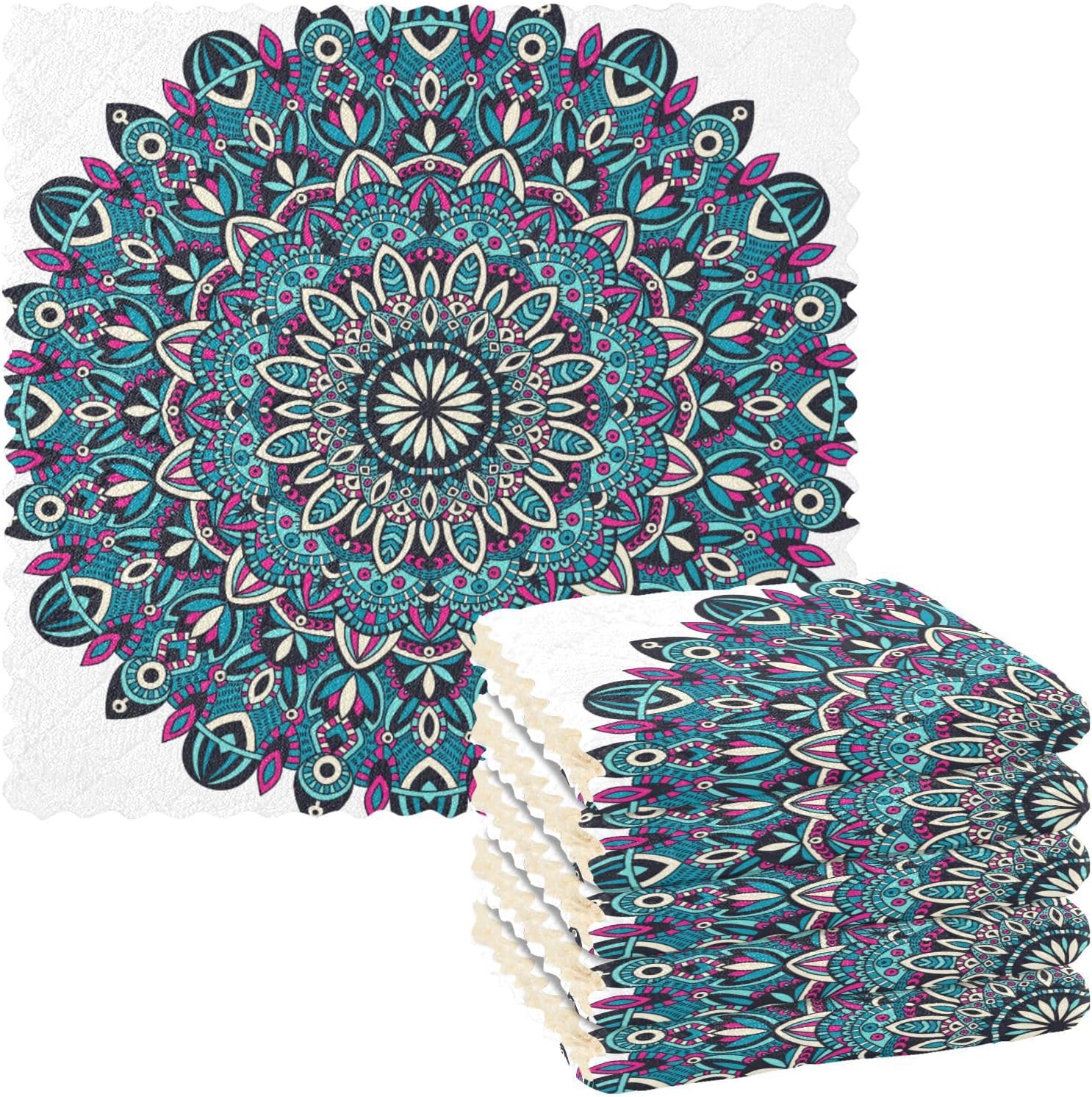 Tribal Vintage Mandala Floral Set of 6 Quick Dry Kitchen Towels and Dishcloths Sets Microfiber Print Cotton Car Drying Towels for Bathroom