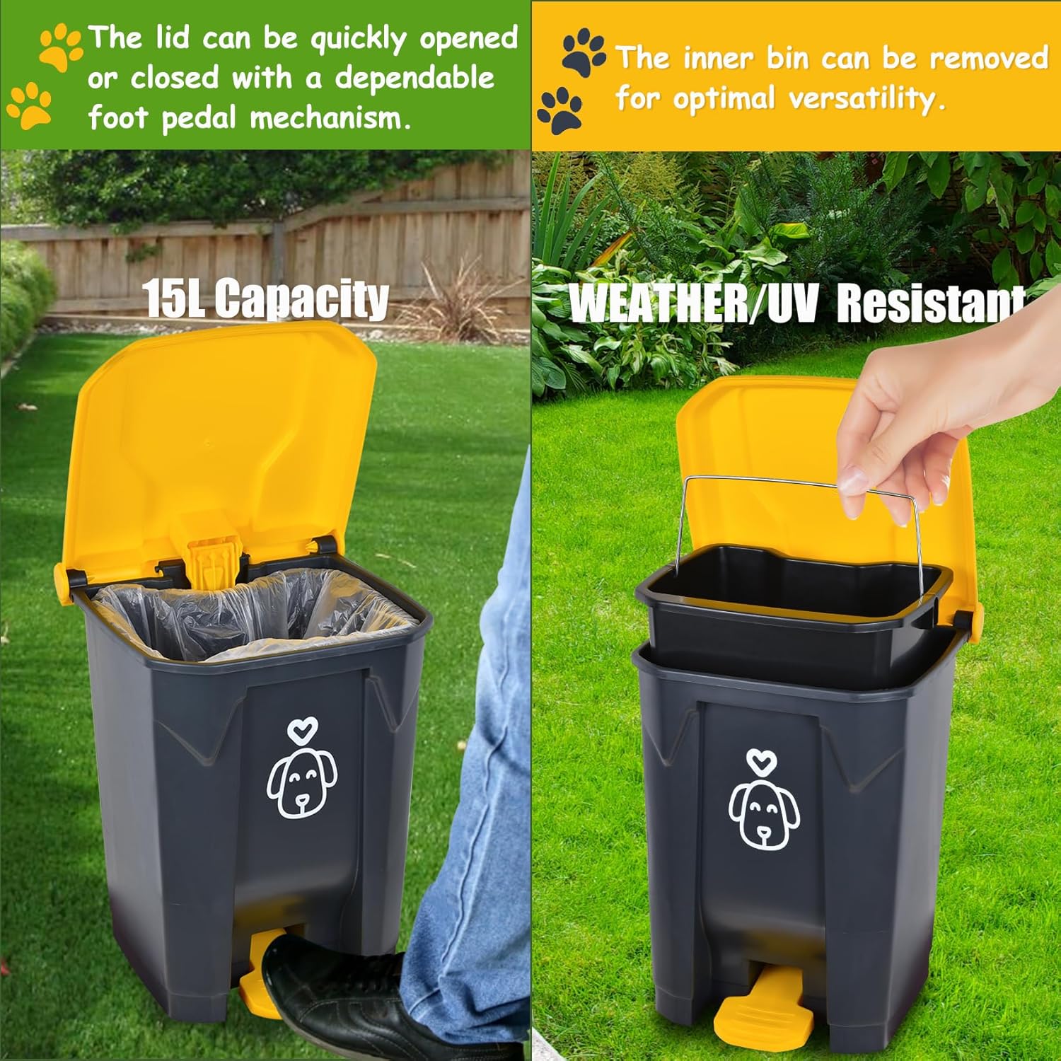 Outdoors – Cubo de basura para excrementos de perro con tapa y 290 bolsas de basura biodegradables, lindo bote de basura para patio, hogar, jardín,