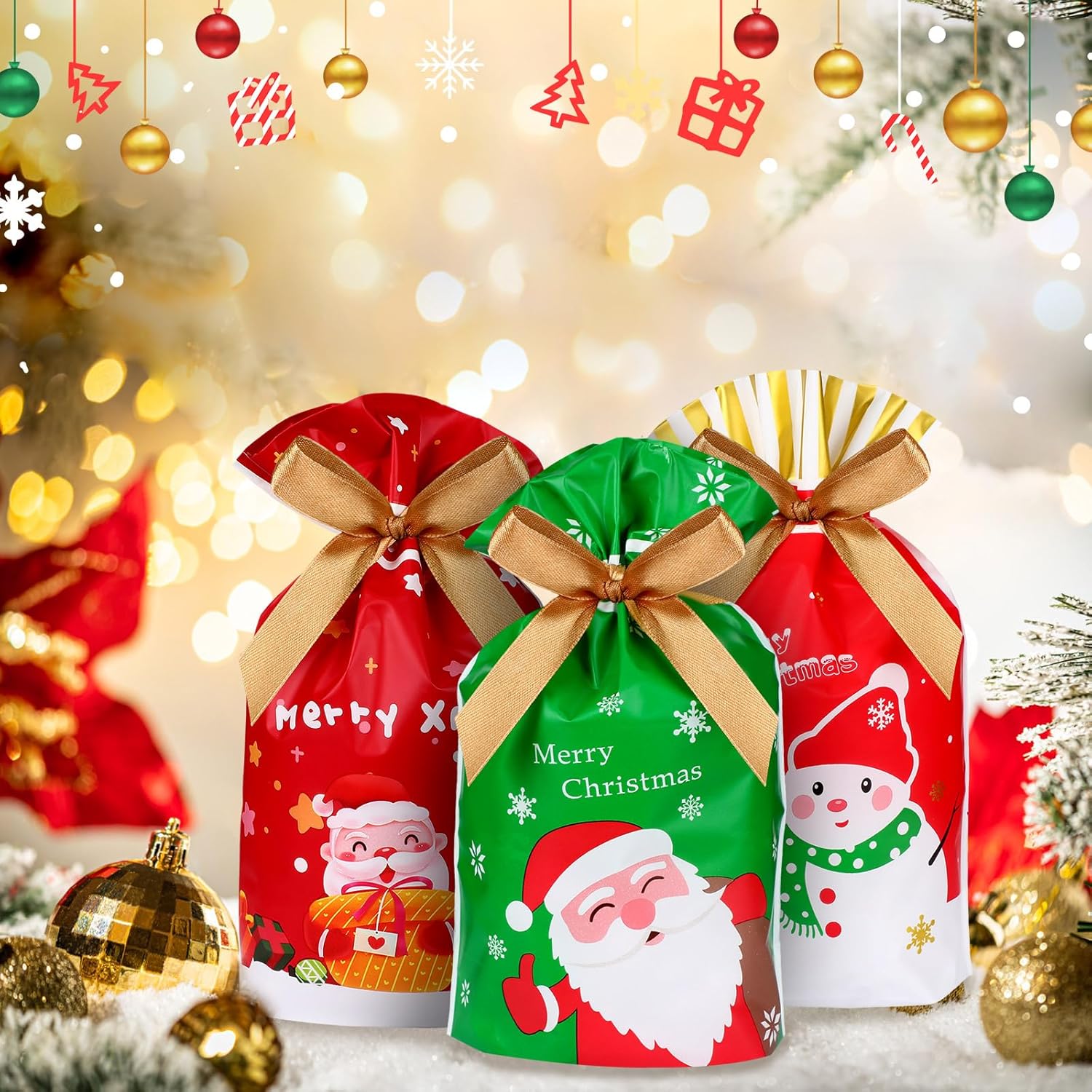 108 bolsas de dulces de Navidad a granel, bolsas de regalo de Navidad con cordón de regalo, bolsas de plástico para regalo de Navidad, bolsas de