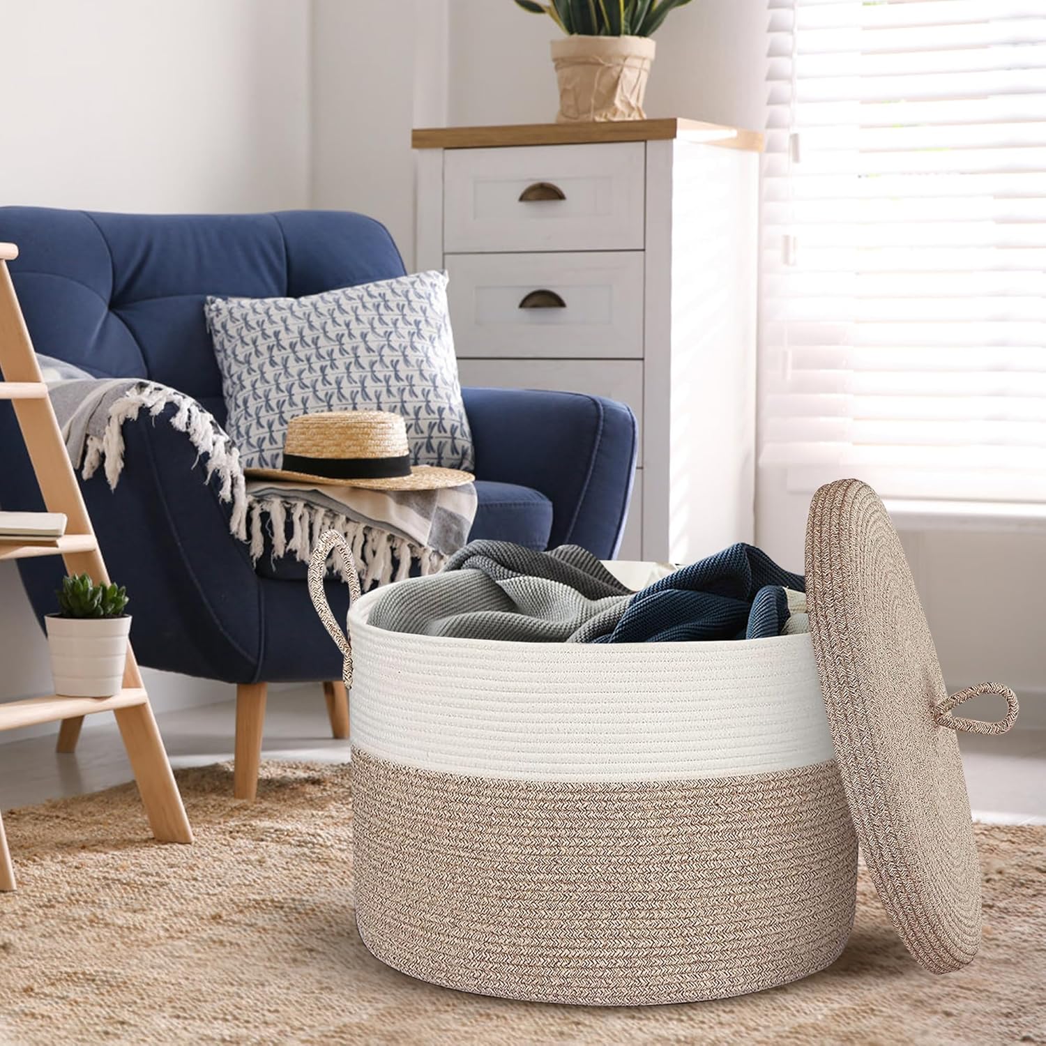 Cesta de almacenamiento grande de 20 x 15 pulgadas con tapa, cesta de manta para sala de estar, cestas de cuerda de algodón tejida para