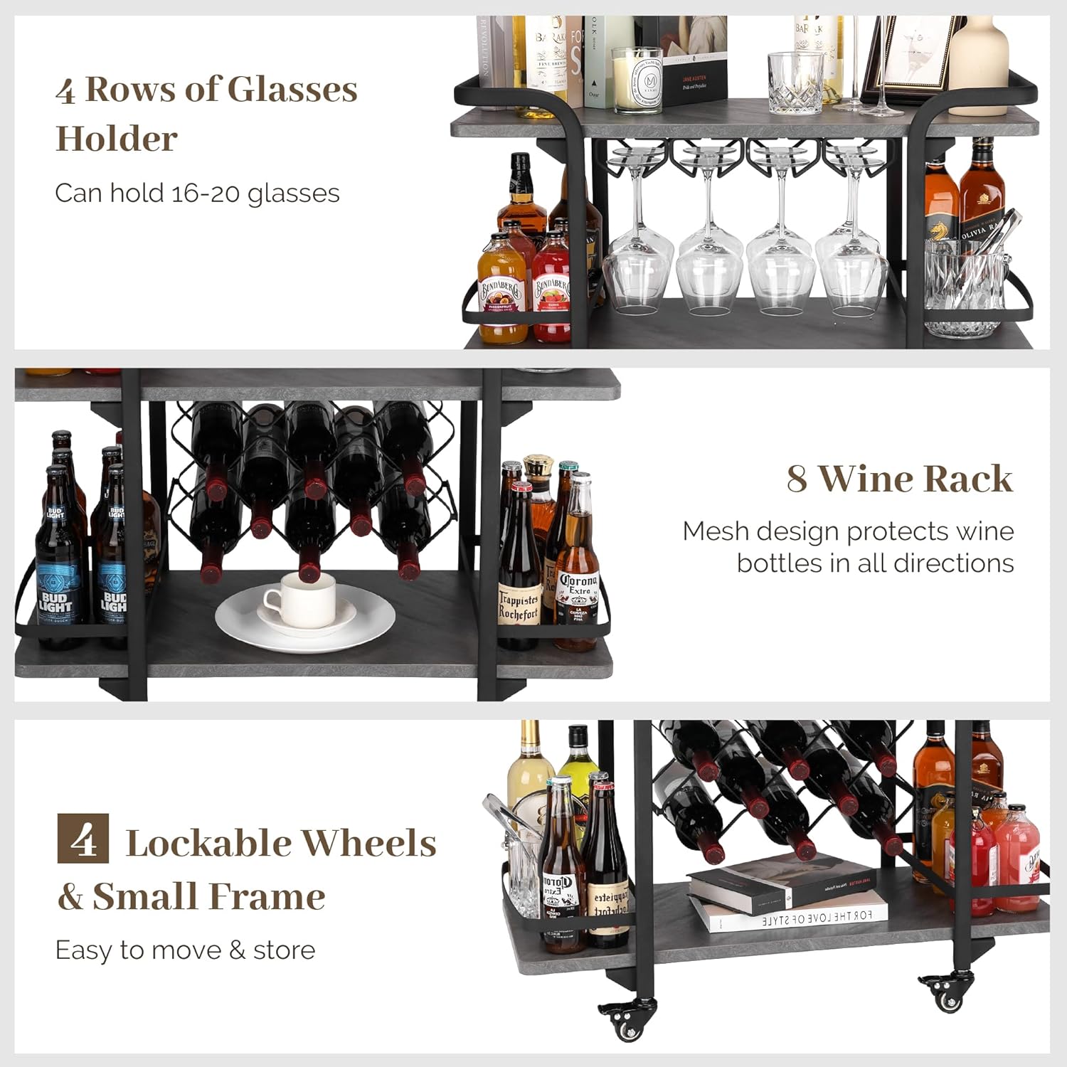 Jubao Carrito de barra de 3 niveles para el hogar, móvil con soportes para vidrio y 8 estantes de almacenamiento de vino, carrito de cocina para