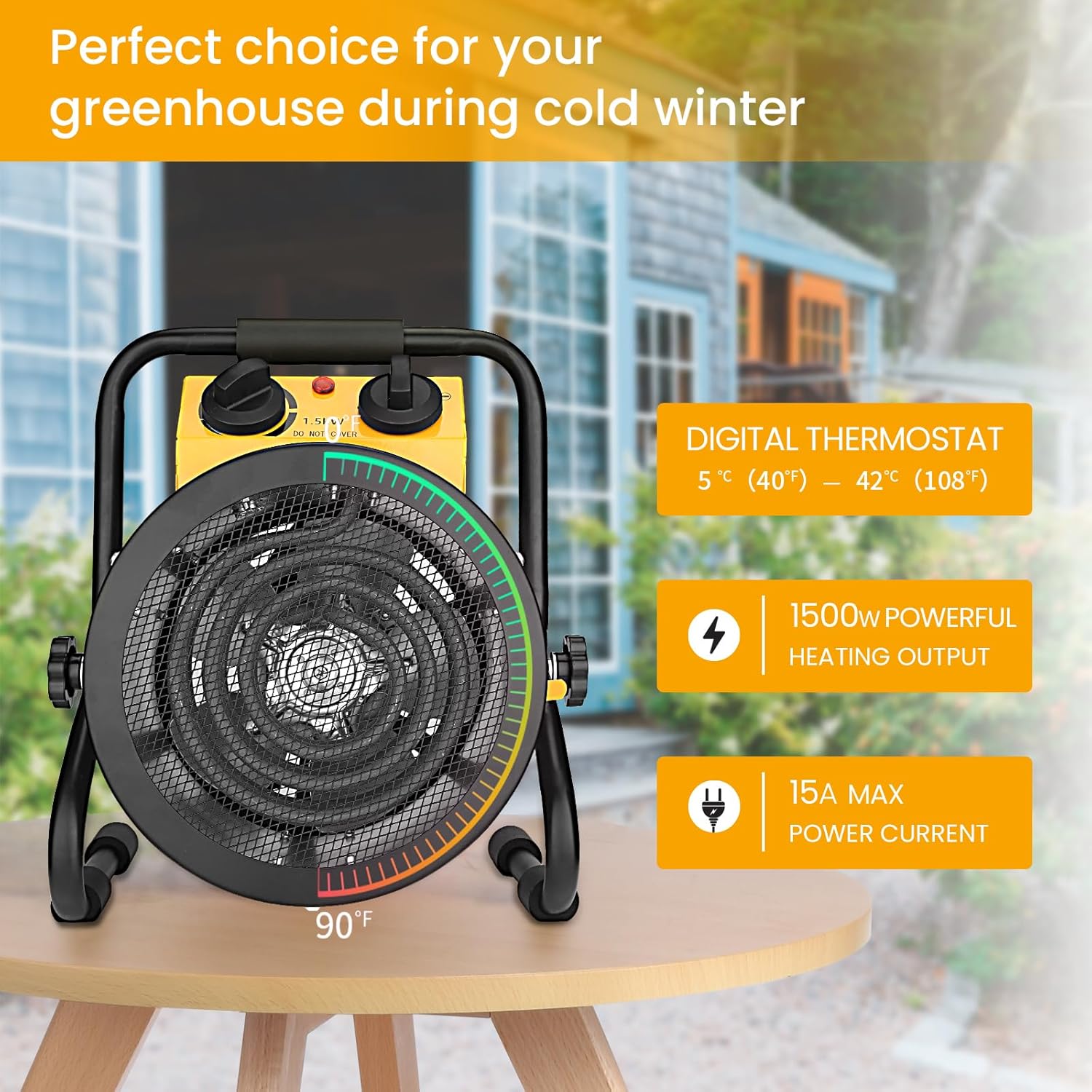 Greenhouse Heater with Digtal Thermostat, Grow Tent Heaters, Overheat Protection, Fast Heating for Green House, Flower Room, BK