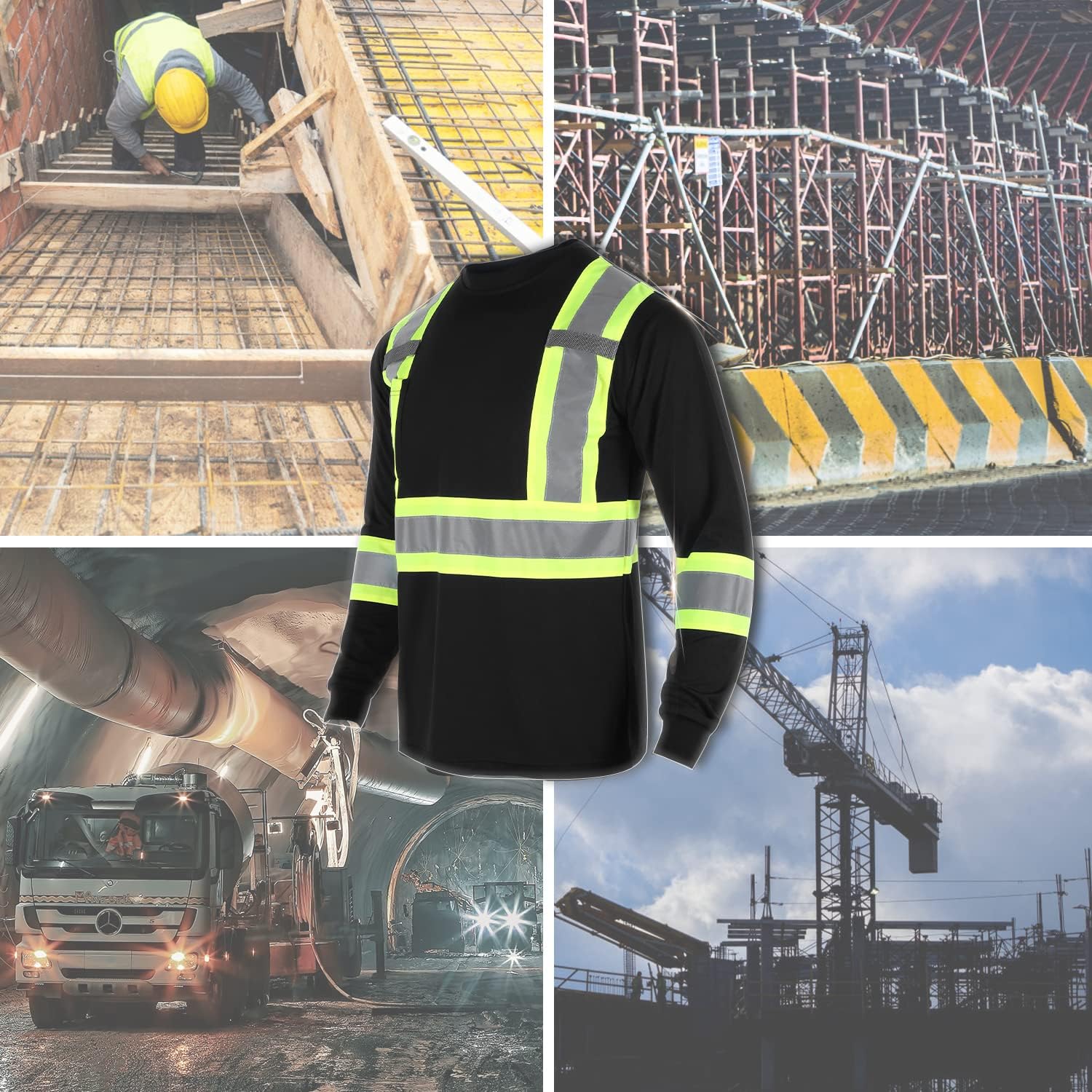 BLKNIGHTS Camisa de seguridad reflectante de alta visibilidad para hombres ANSI Clase 2 Trabajo de construcción Camisa negra de manga larga