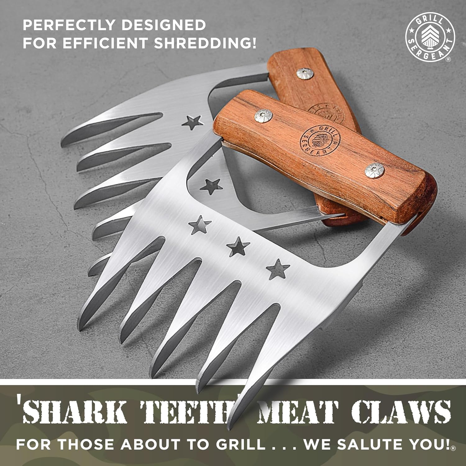 GRILL SERGEANT Garras de metal para carne, trituradora de cerdo a la barbacoa, garantía para siempre, asas de madera de nogal, patentadas, tenedores