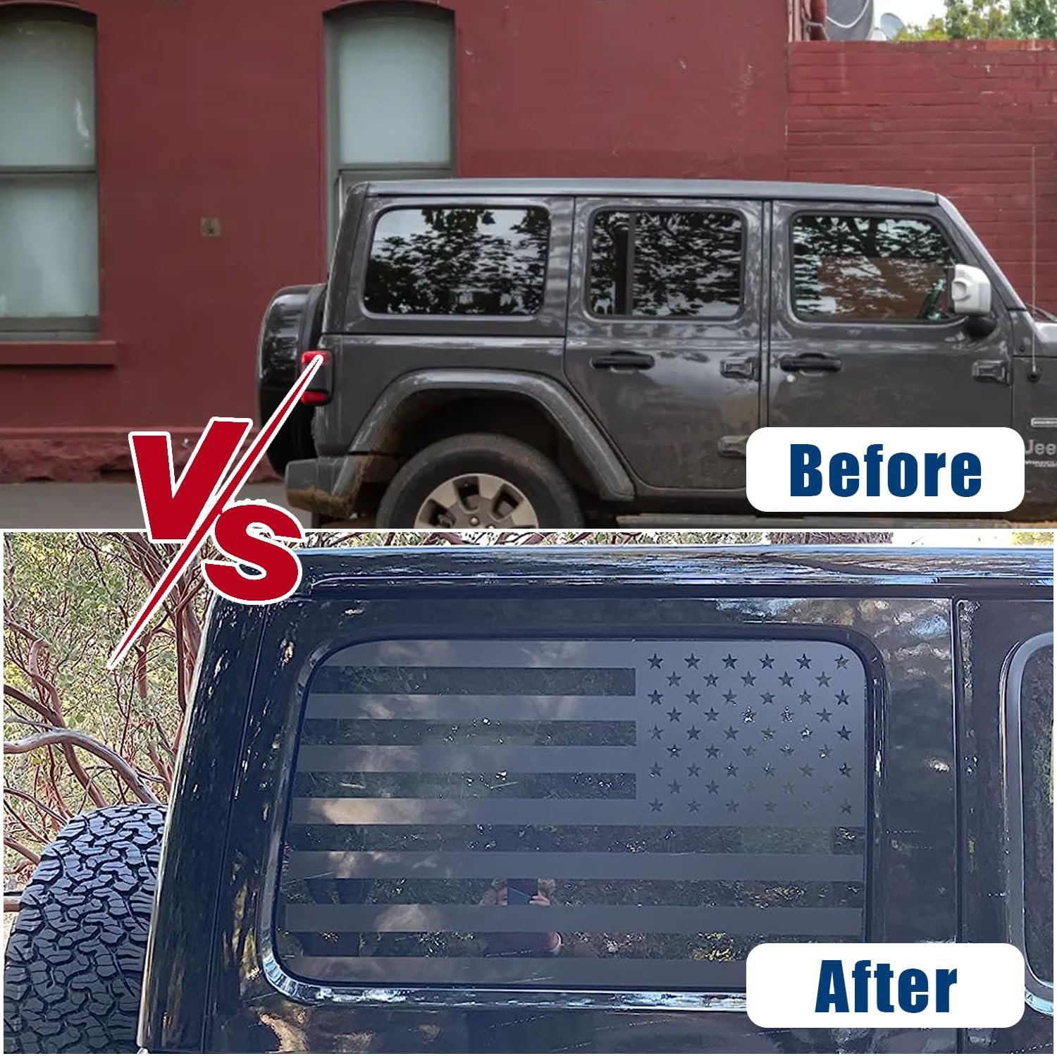 Smeyta Calcomanías para ventana trasera de automóvil, calcomanía de bandera estadounidense para Jeep Wrangler JL JLU 2018-2022 2023, calcomanías de