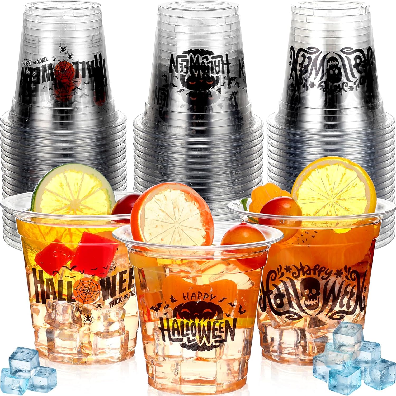 Sliner 60 vasos de plástico desechables transparentes de 12 onzas para Halloween, murciélagos, fantasmas, arañas, suministros de fiesta de Halloween