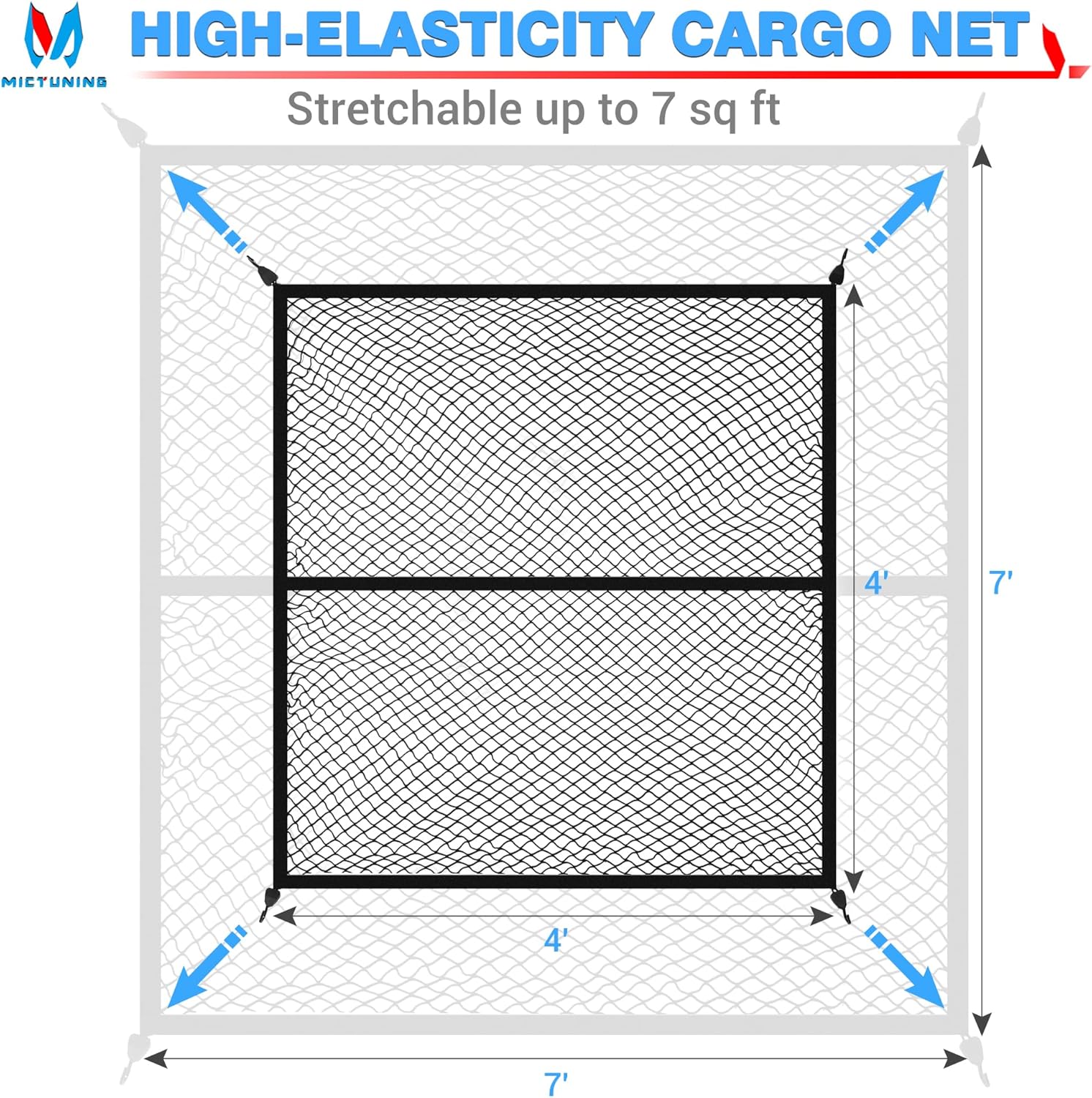 MICTUNING Red de carga para caja de camión, red de carga altamente elástica de 4 x 4 pies, organizador de malla elástica de hasta 7 x 7 pies para