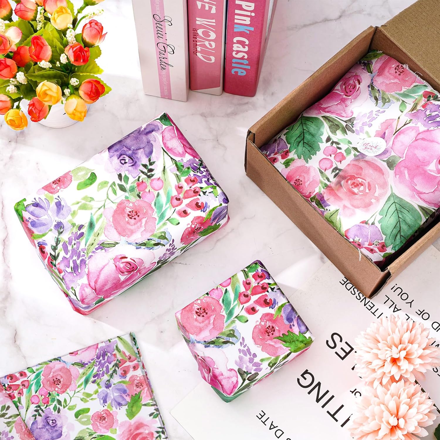 Whaline 100 piezas de papel de seda floral acuarela flores papel de regalo papel de embalaje de flores papel de bricolaje papel de manualidades para