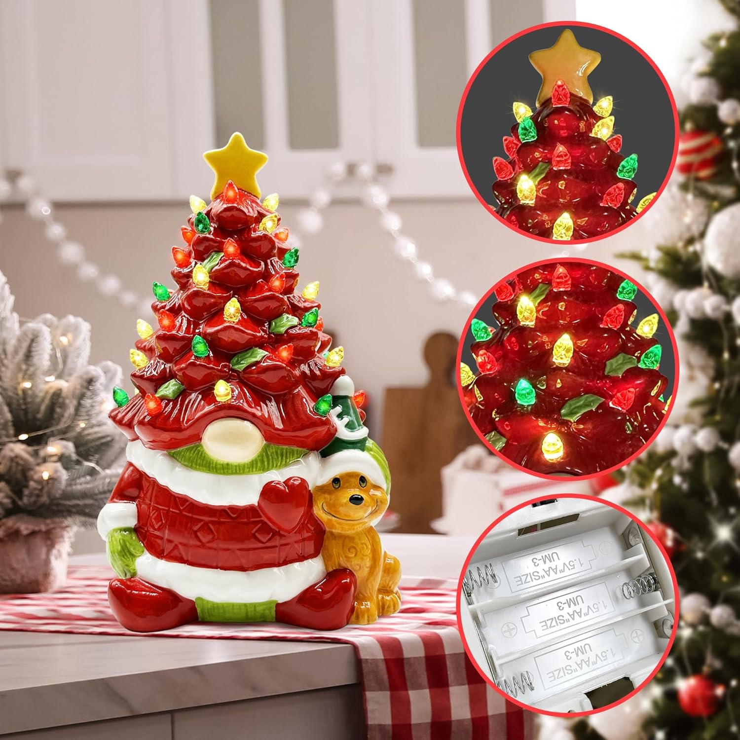 pinata Decoración navideña de gnomo de cerámica, gnomo rojo para mujeres, hombres y niños, árbol de Navidad de cerámica iluminado, decoración de