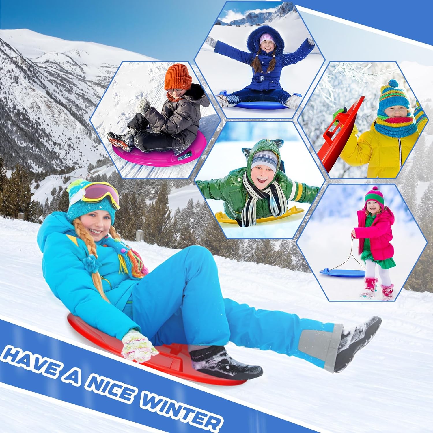 8 trineos de nieve de 25.2 pulgadas para niños y adultos, trineos de nieve de invierno de plástico con asas, platillo de nieve resistente, trineo